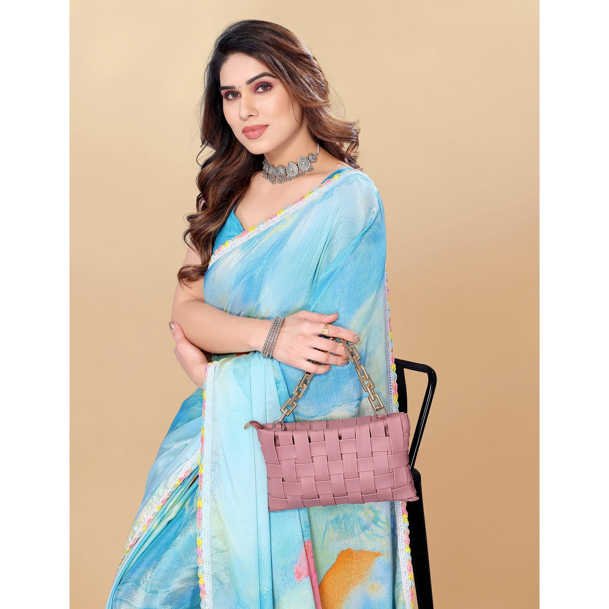 Blue Printed Chiinon Saree With Lace Border