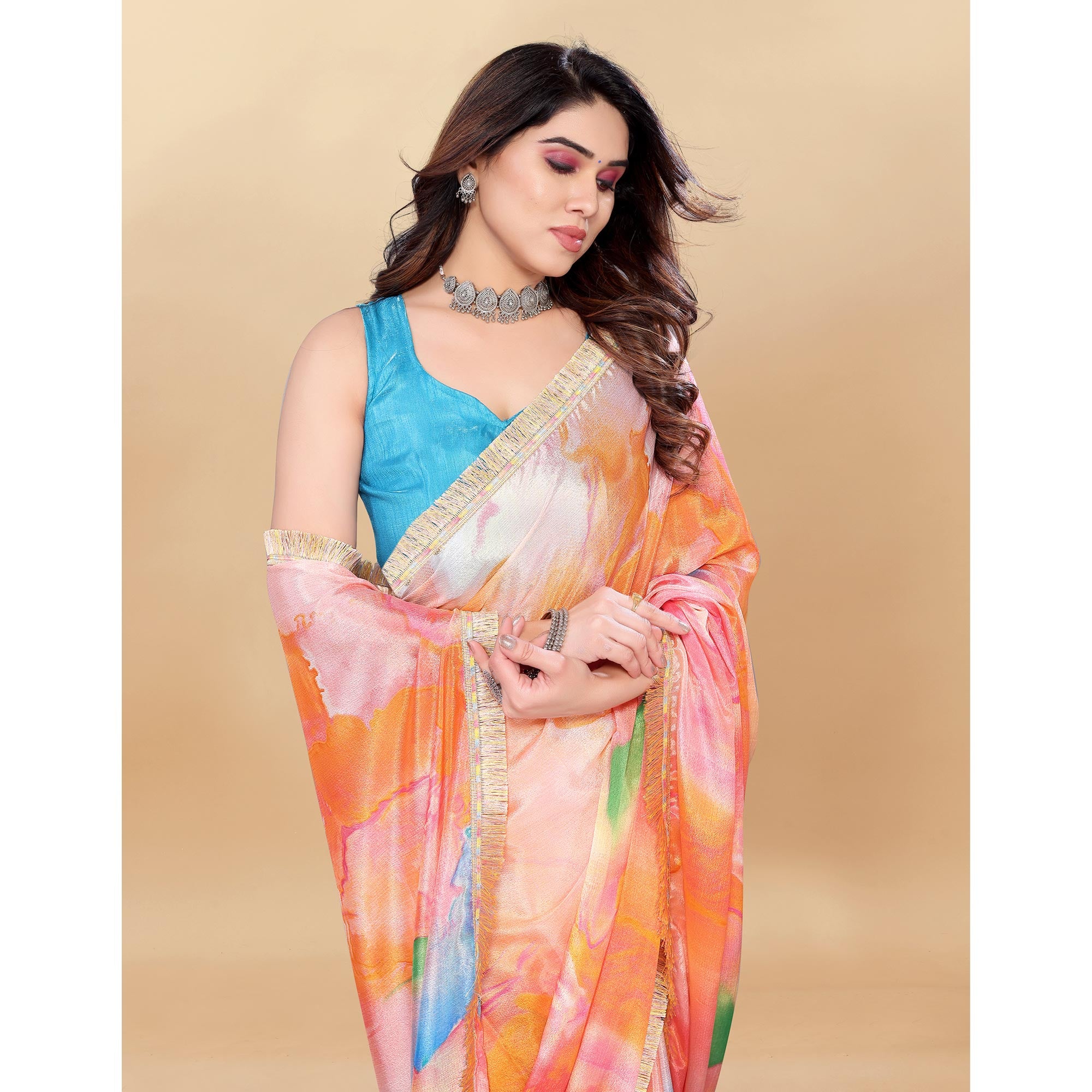 Pink & Orange Printed Chiinon Saree With Lace Border