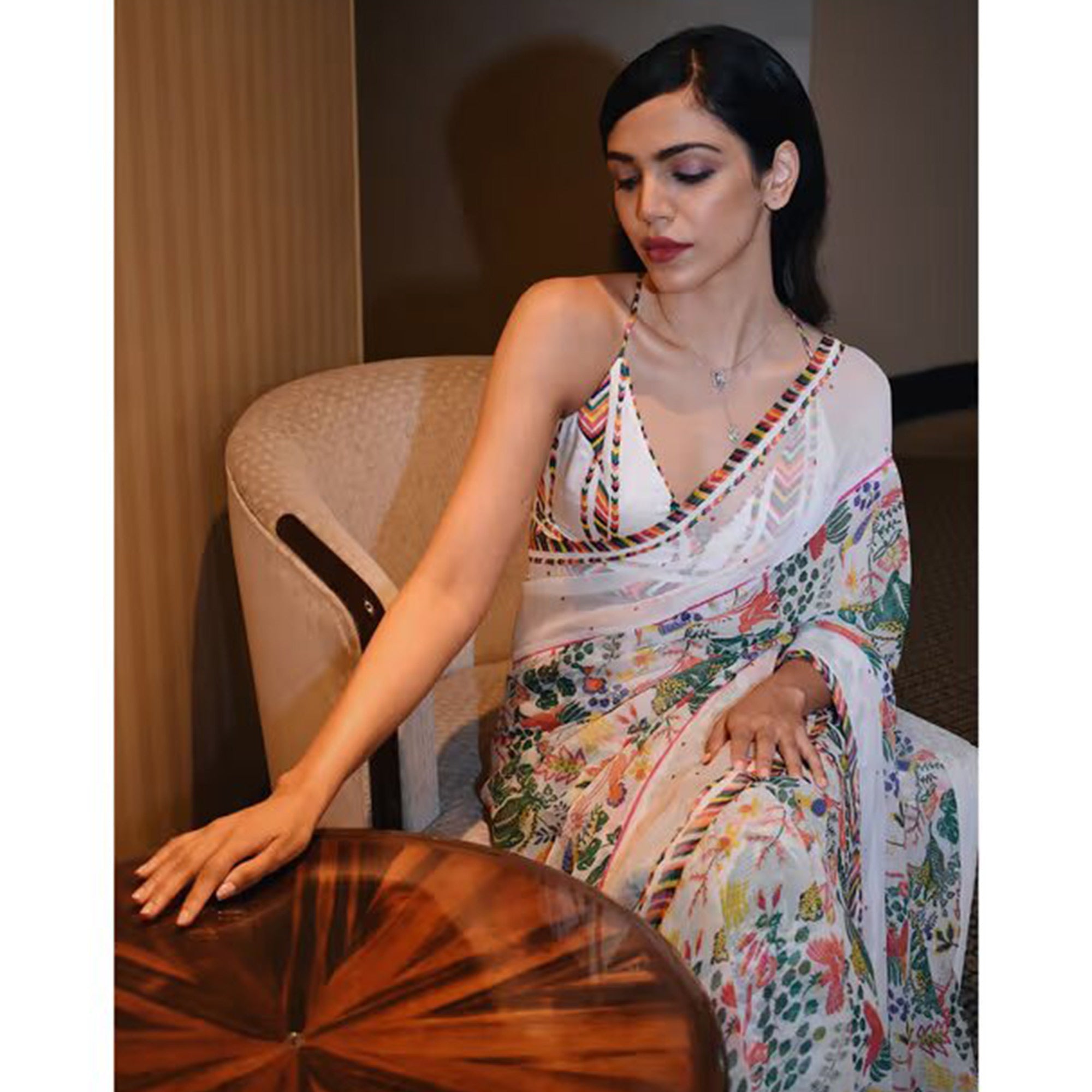 White Floral Digital Printed Georgette Saree