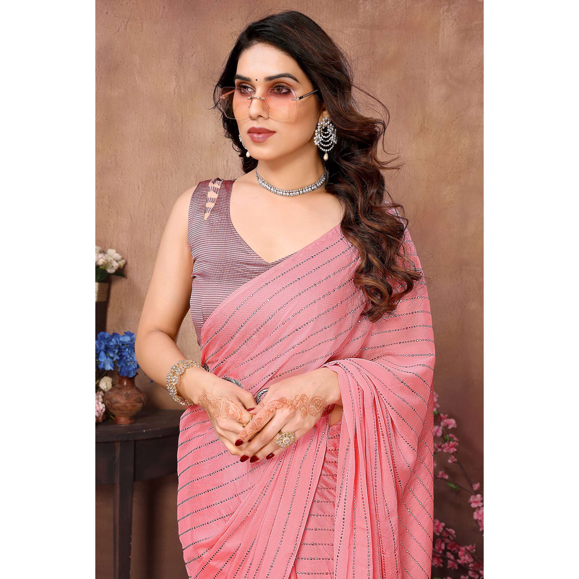 Peach Mukaish Work Silk Saree With Tassels