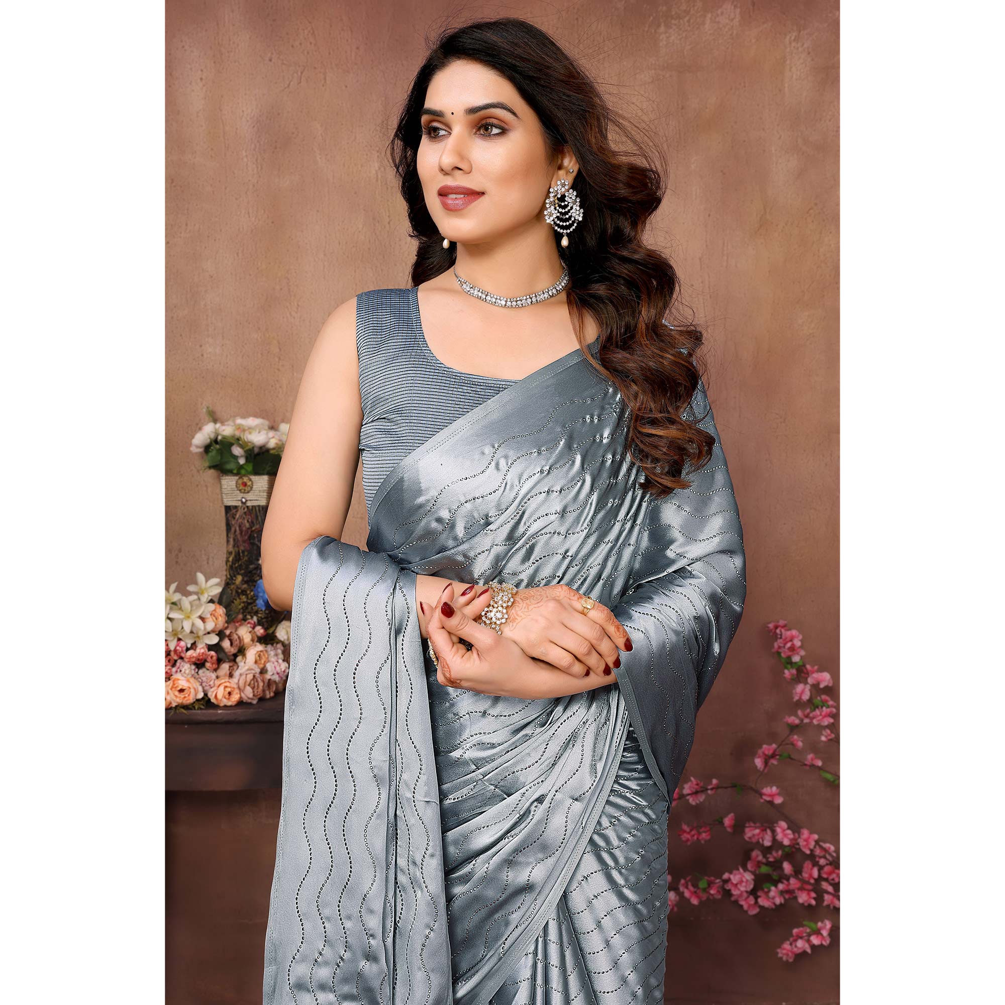 Grey Mukaish Work Satin Saree With Tassels