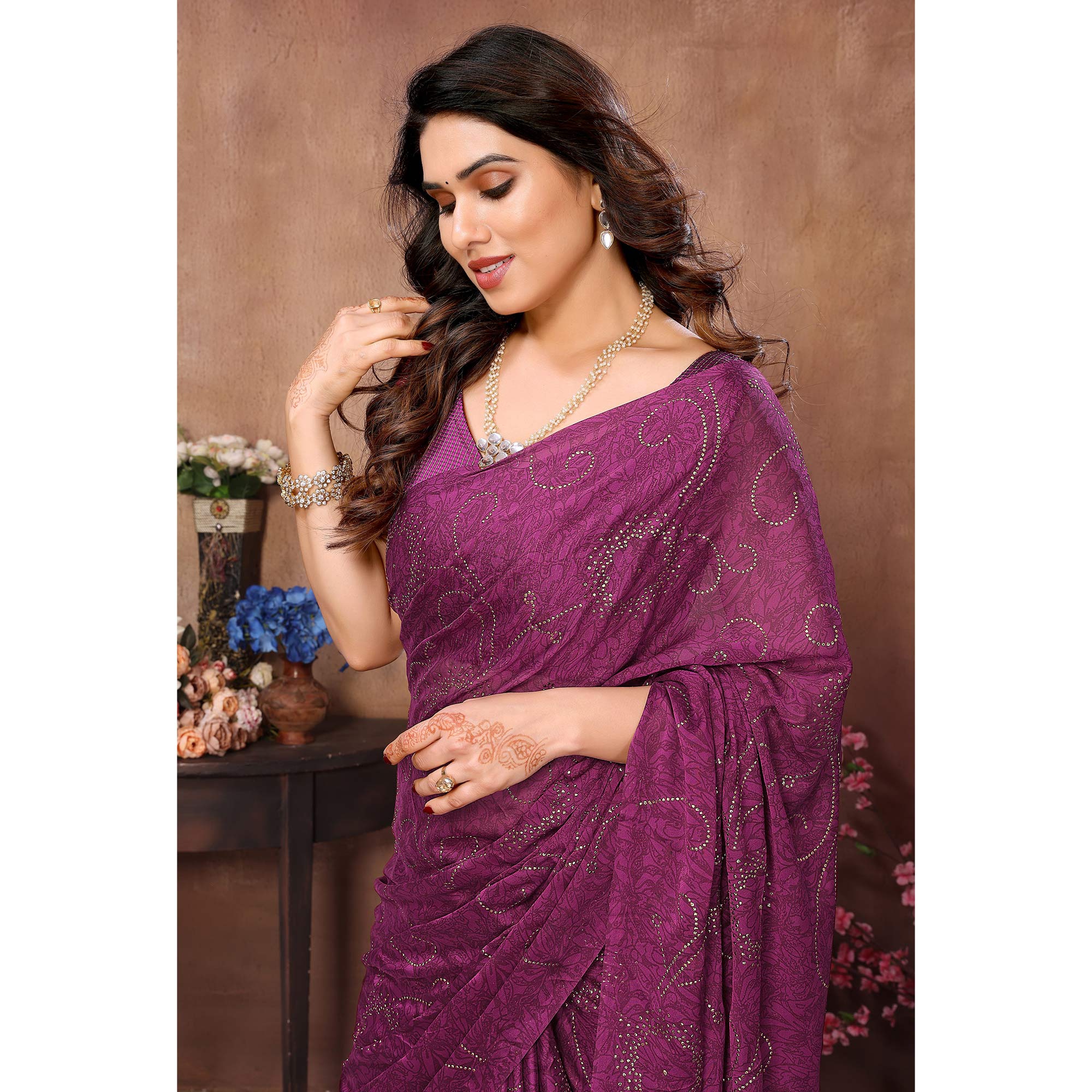 Purple Mukaish With Foil Printed Silk Saree With Tassels