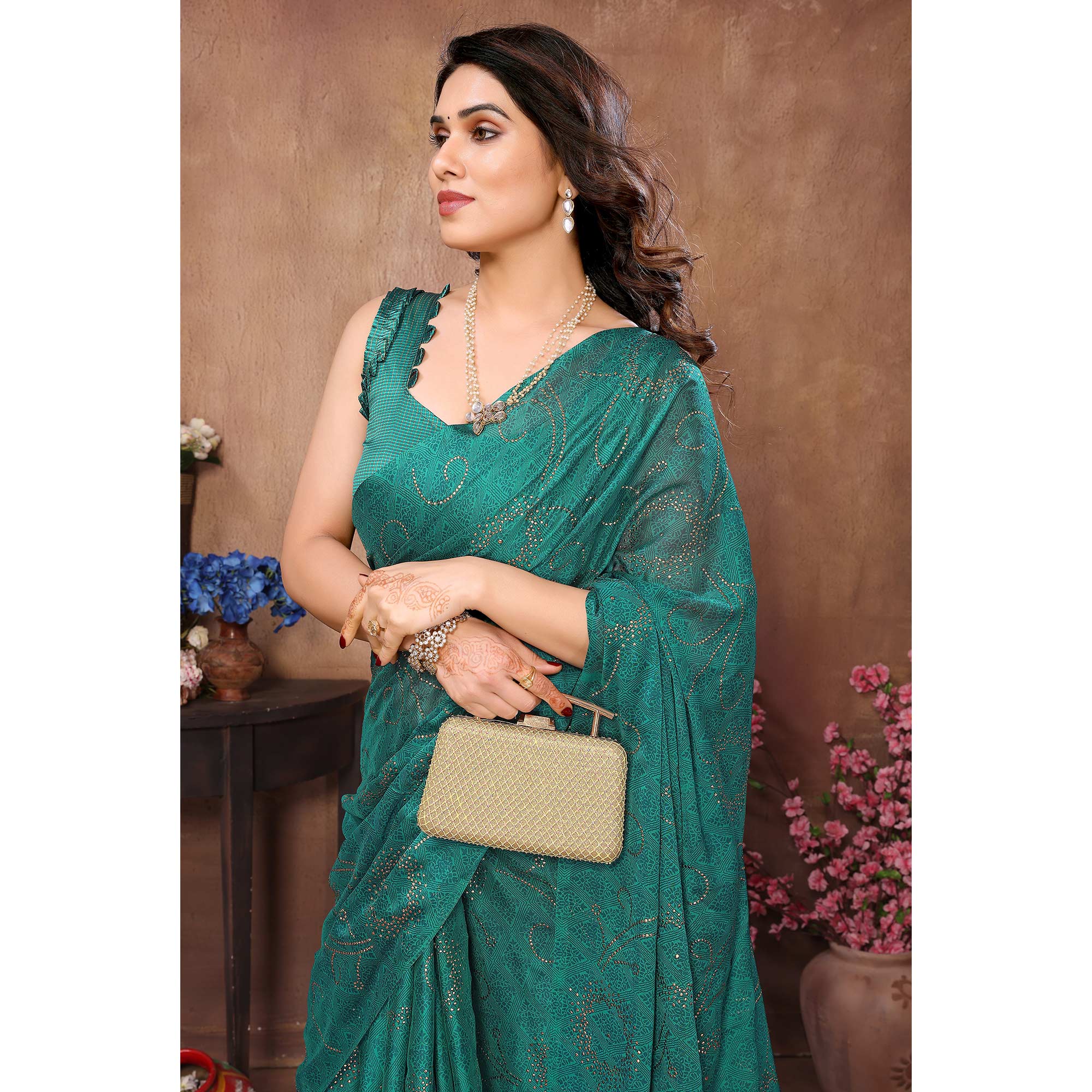Rama Green Mukaish With Foil Printed Silk Saree With Tassels