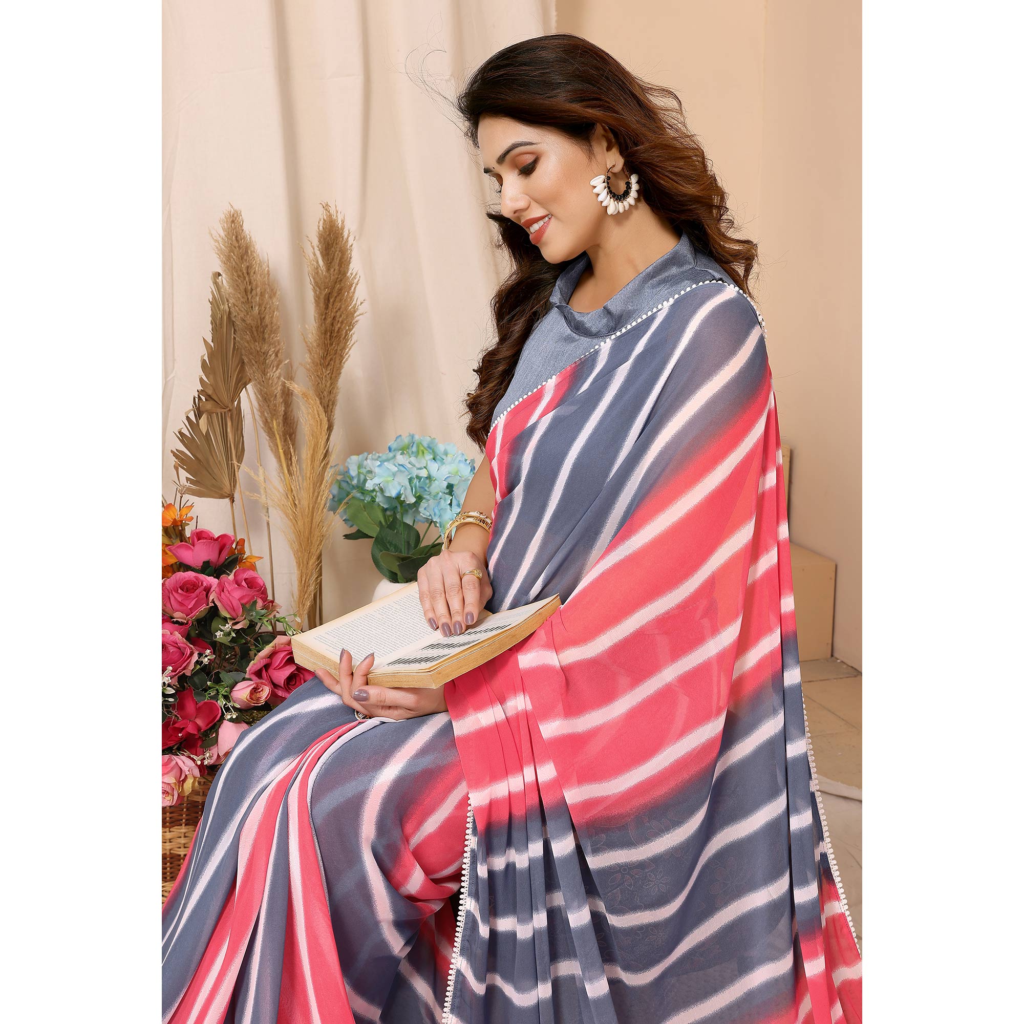 Pink & Grey Leheriya Printed Ready To Wear Georgette Saree