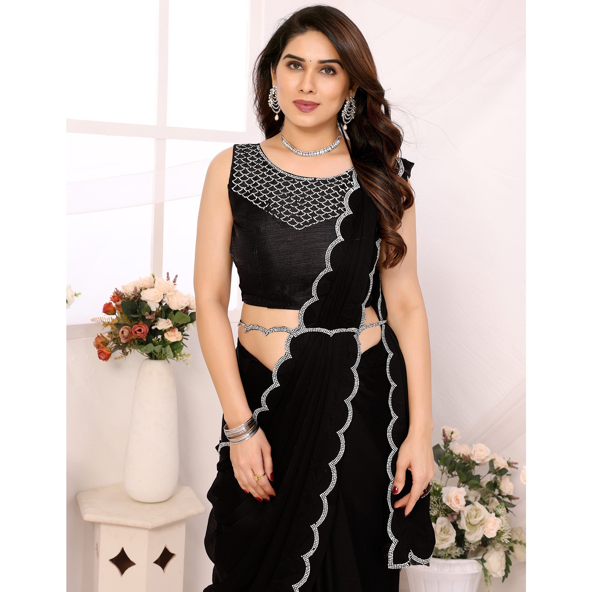 Black Solid Chiffon Saree With Stone Work Border