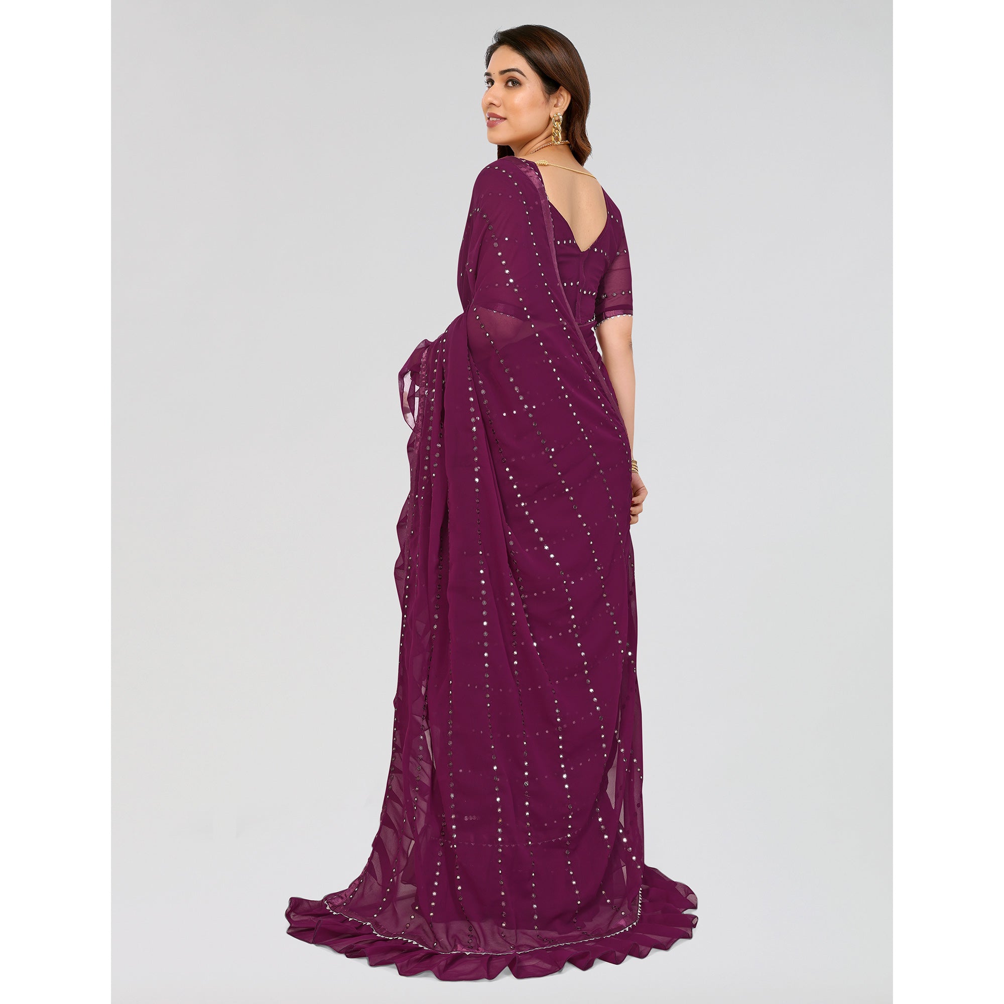 Purple Embroidered Georgette Ruffle Saree