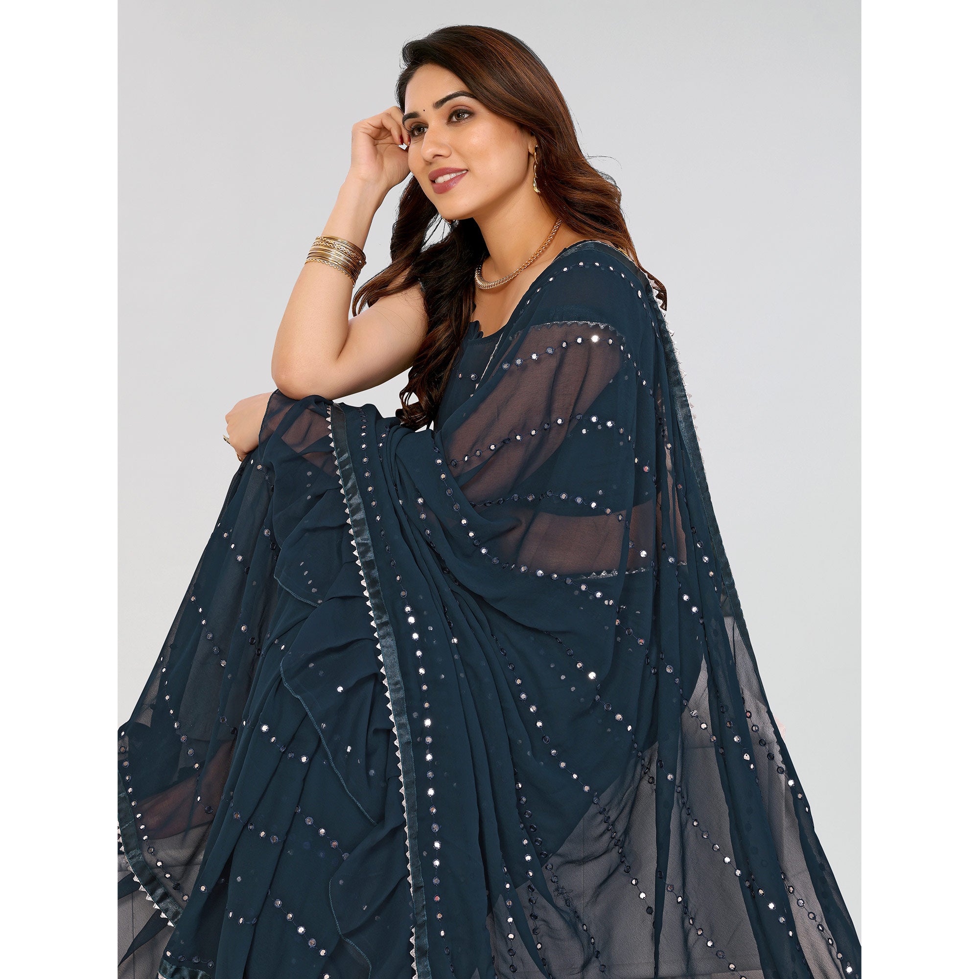 Teal Embroidered Georgette Ruffle Saree