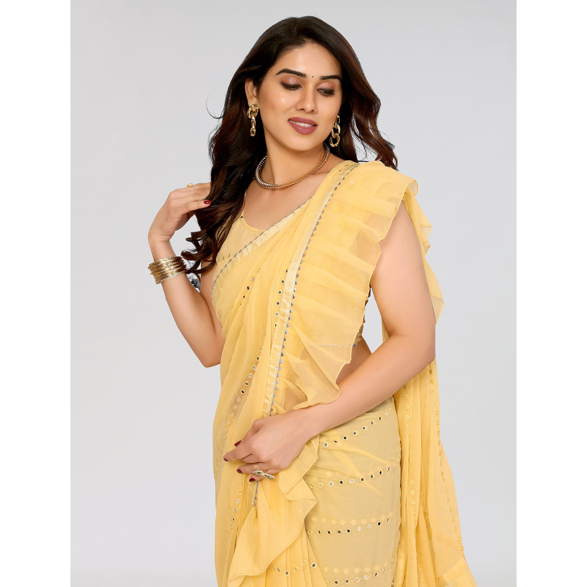 Yellow Embroidered Georgette Ruffle Saree