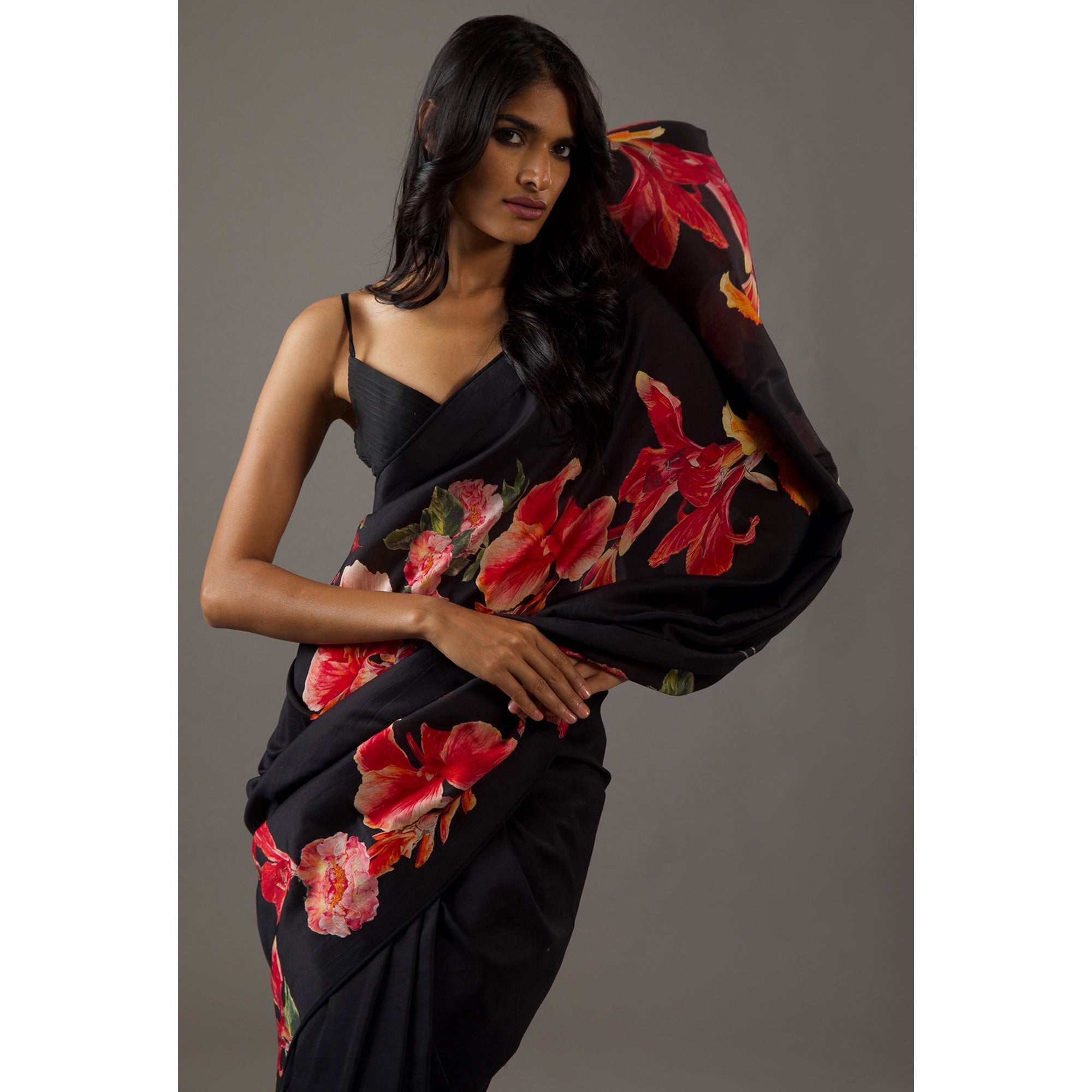 Black Floral Printed Chiffon Saree