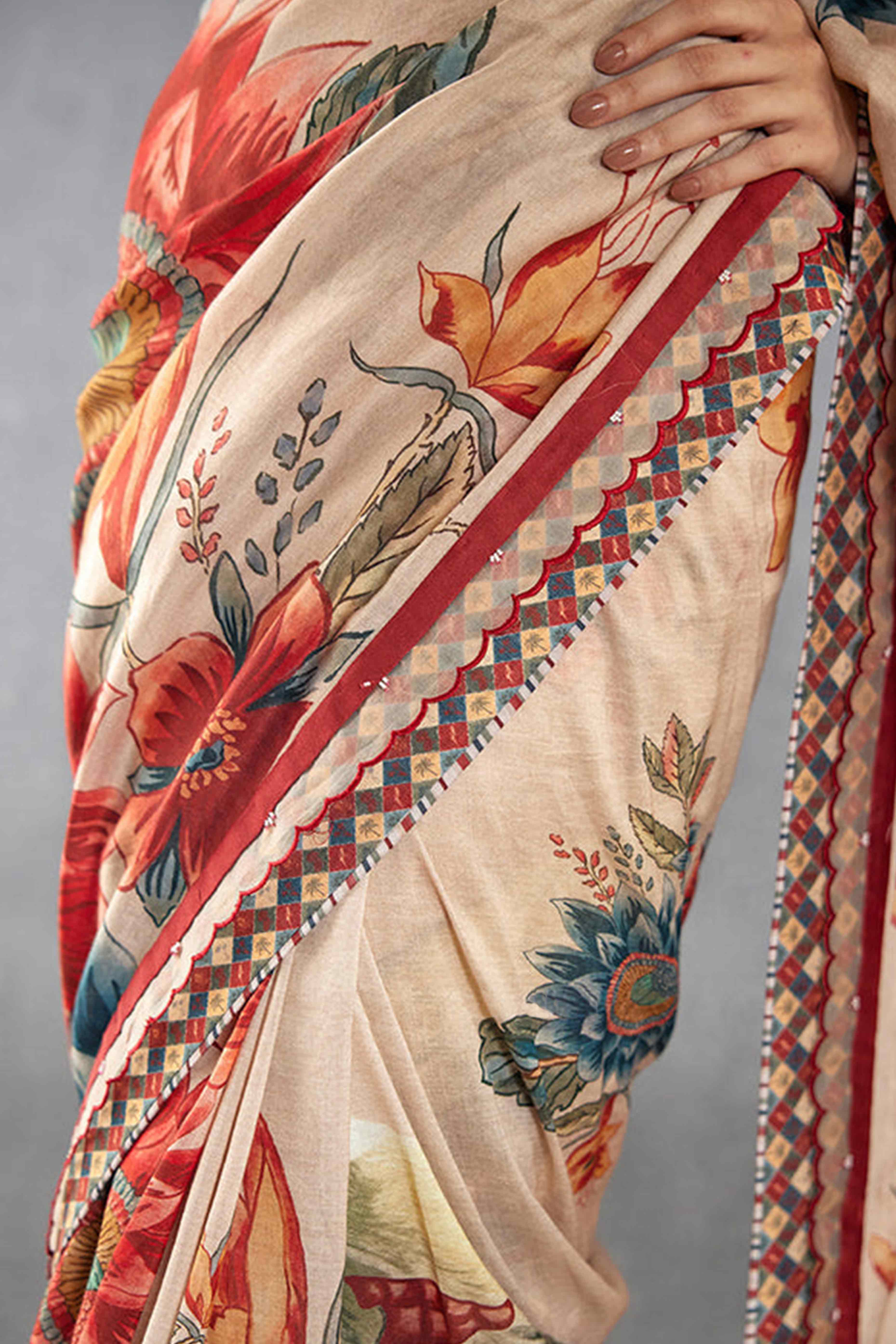 Beige Floral Printed Moss Chiffon Saree With Tassels