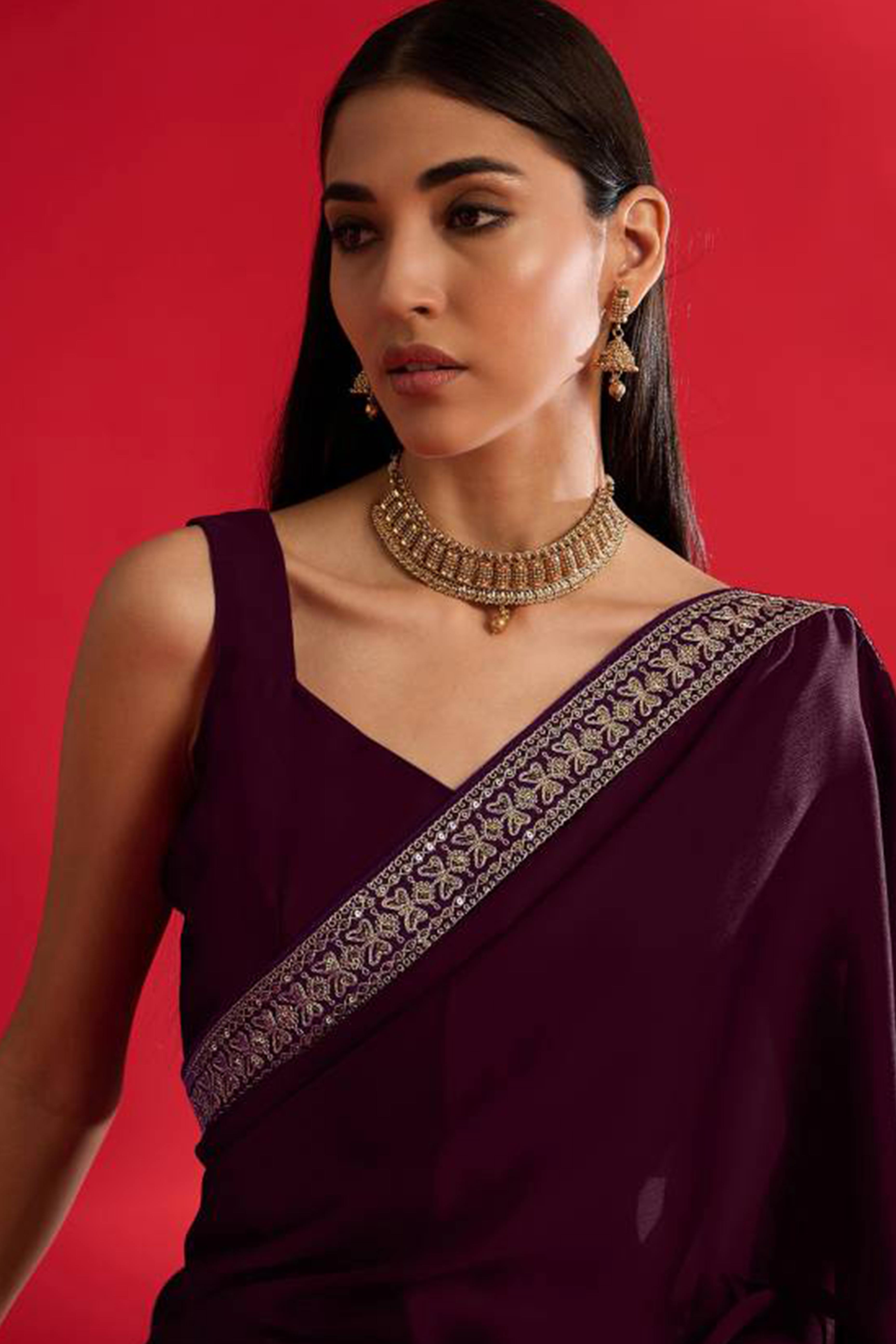 Wine Solid With Embellished Bordered Georgette Sarees