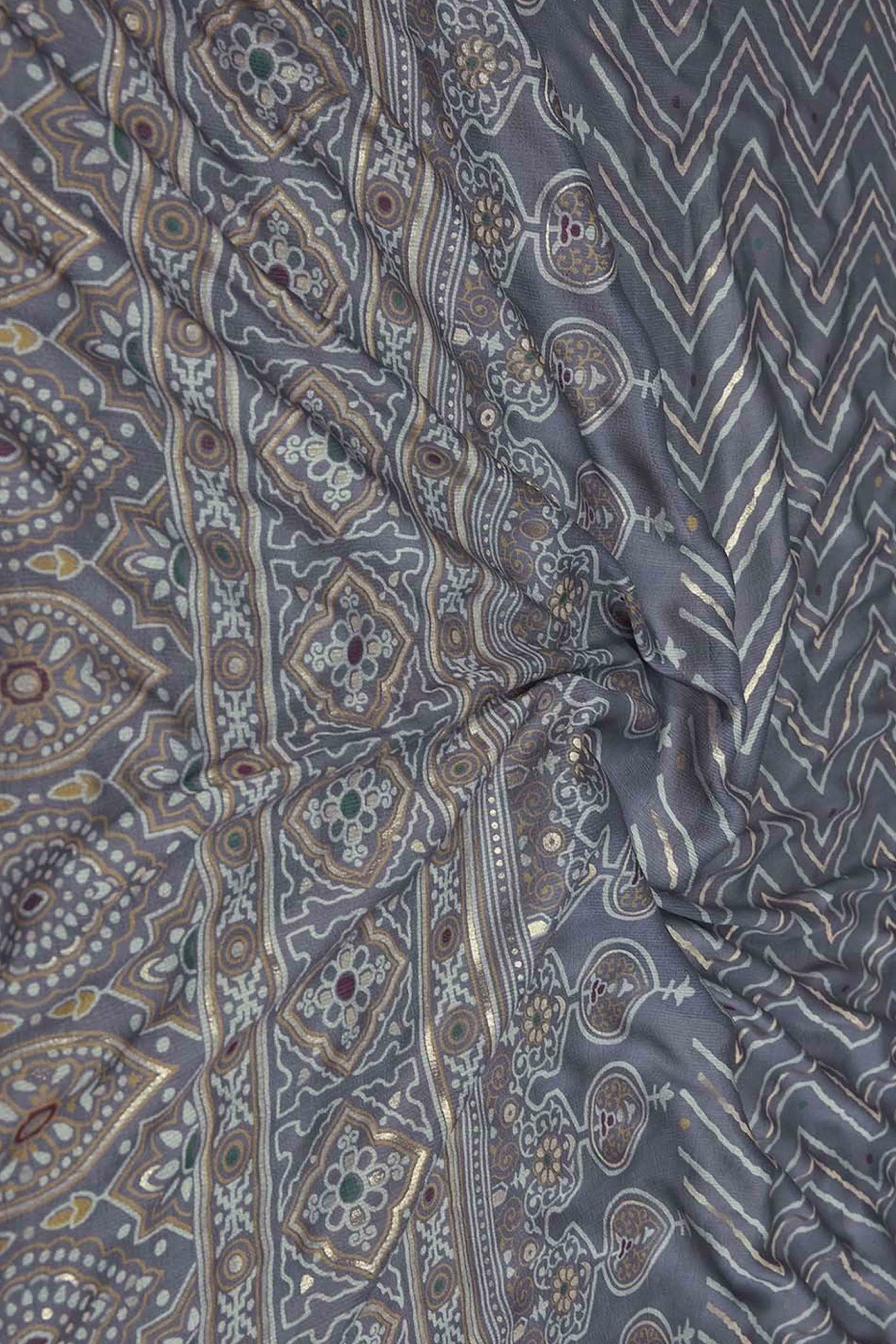 Grey Chiffon Saree With Zig-Zag Foil Print & Golden Lace Border