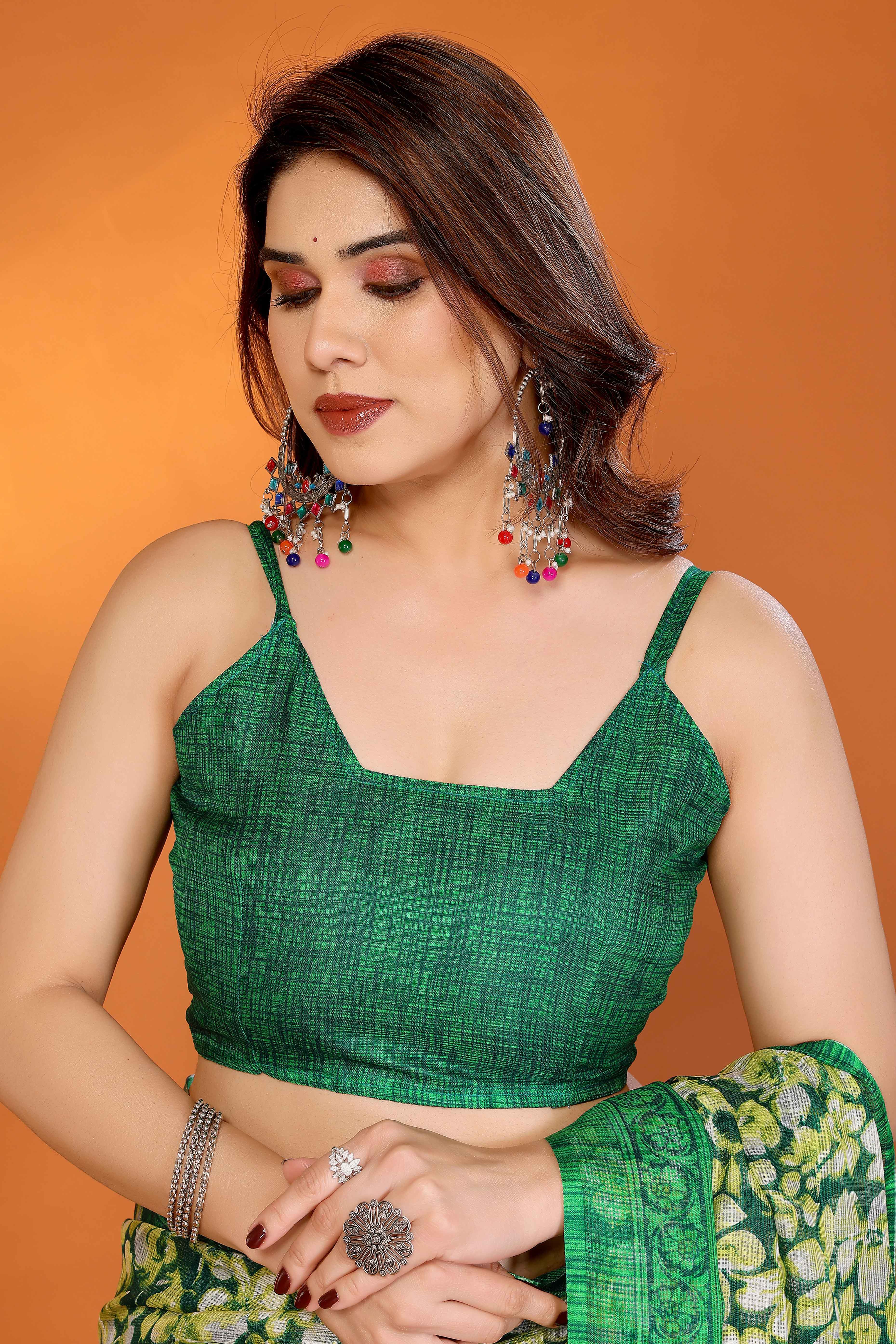 Green Kota Doria Saree with Graceful Floral Print Work