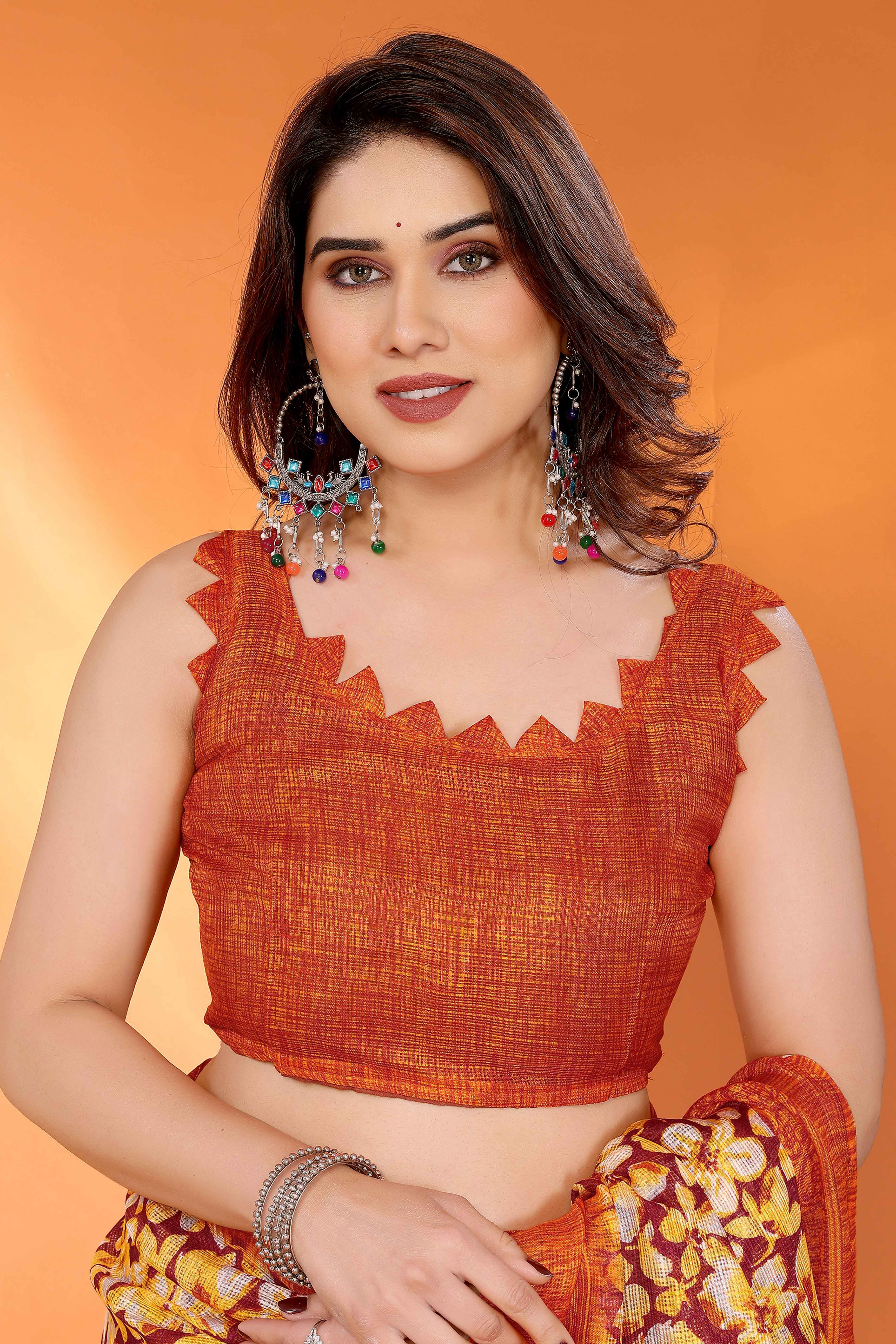 Orange Kota Doria Saree with Graceful Floral Print Work