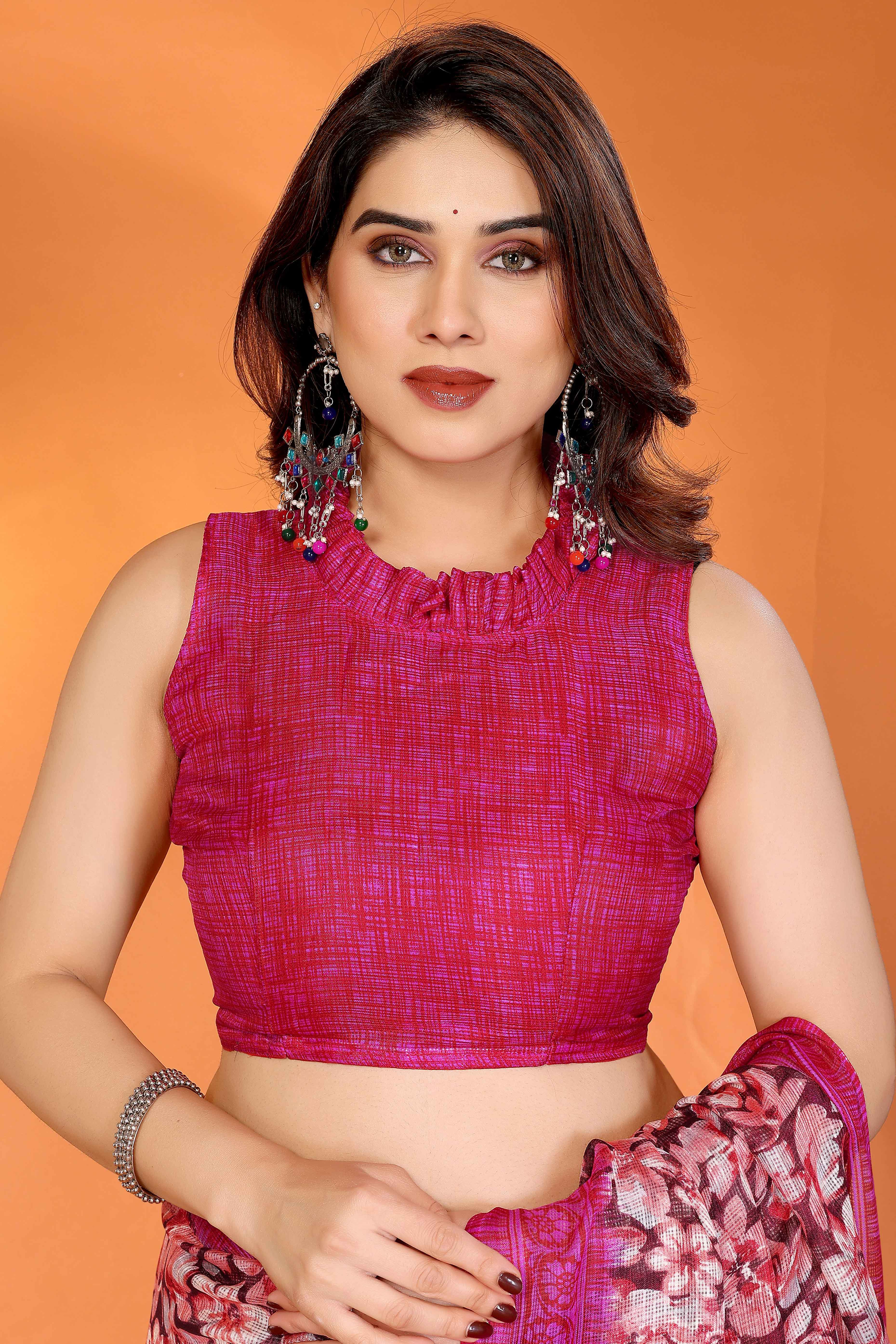 Pink Kota Doria Saree with Graceful Floral Print Work