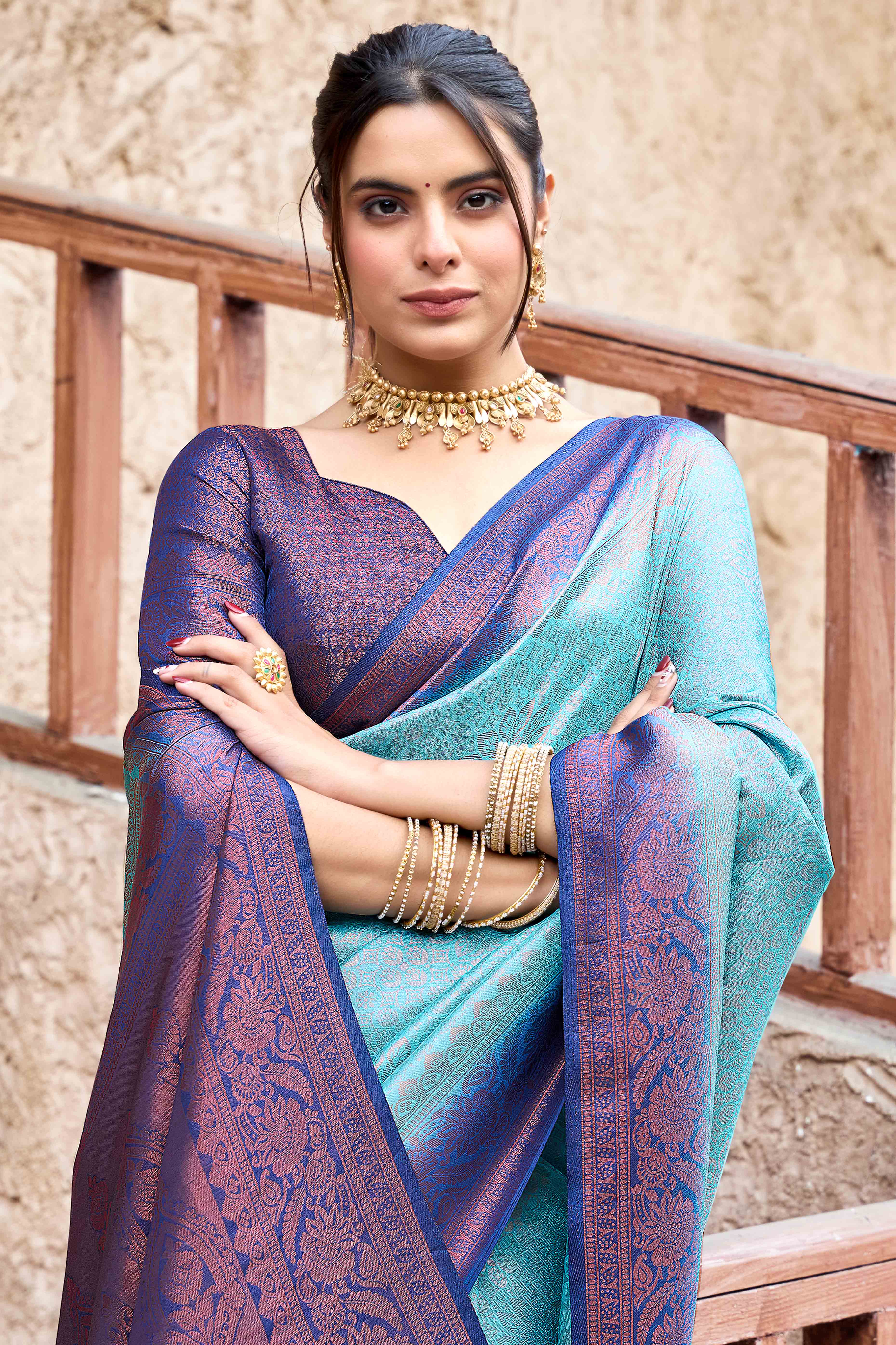Blue Banarasi Silk Saree Featuring Elegant Floral Woven & Delicate Tassel Edging