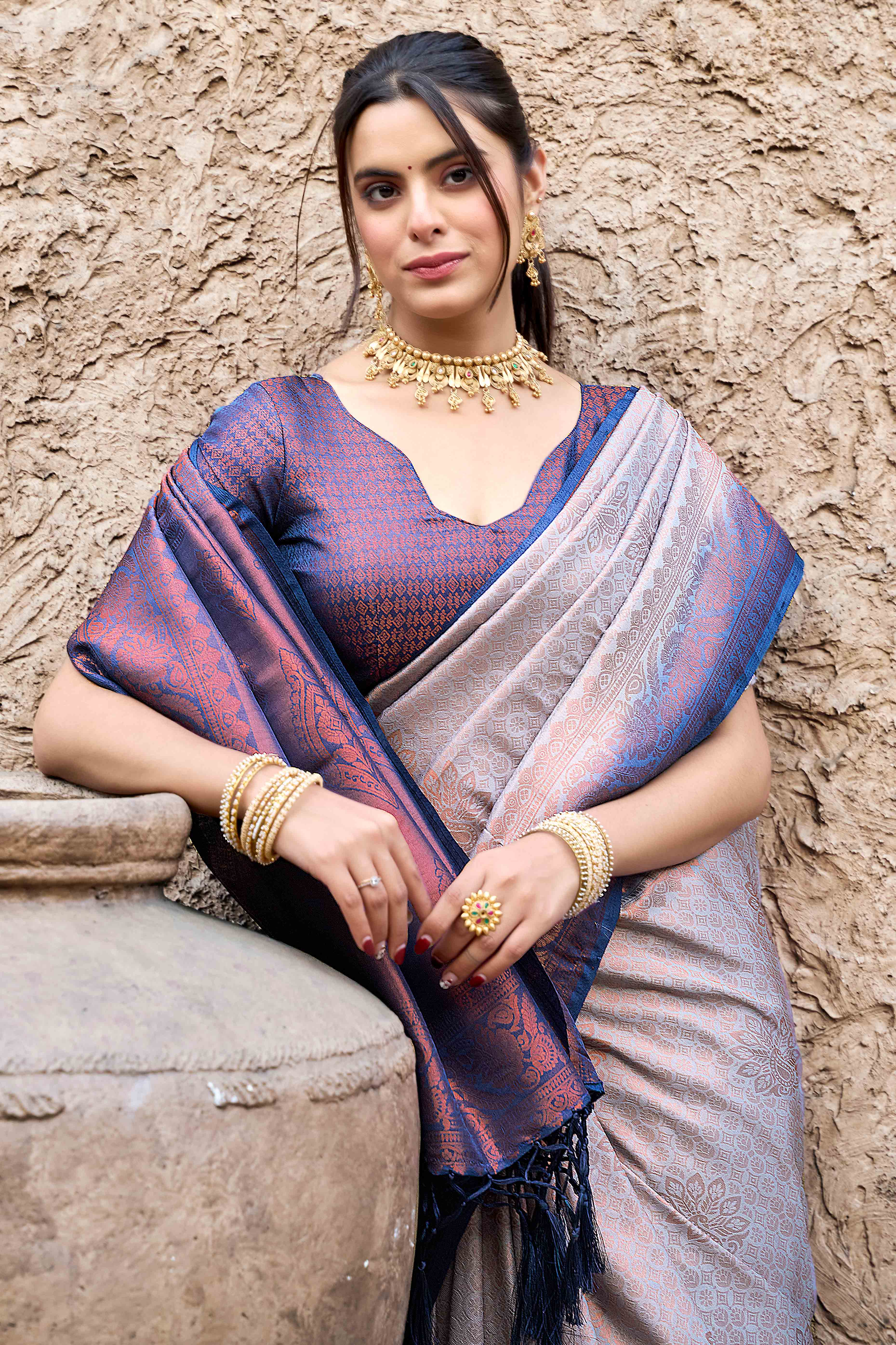 Grey Banarasi Silk Saree Featuring Elegant Floral Woven & Delicate Tassel Edging