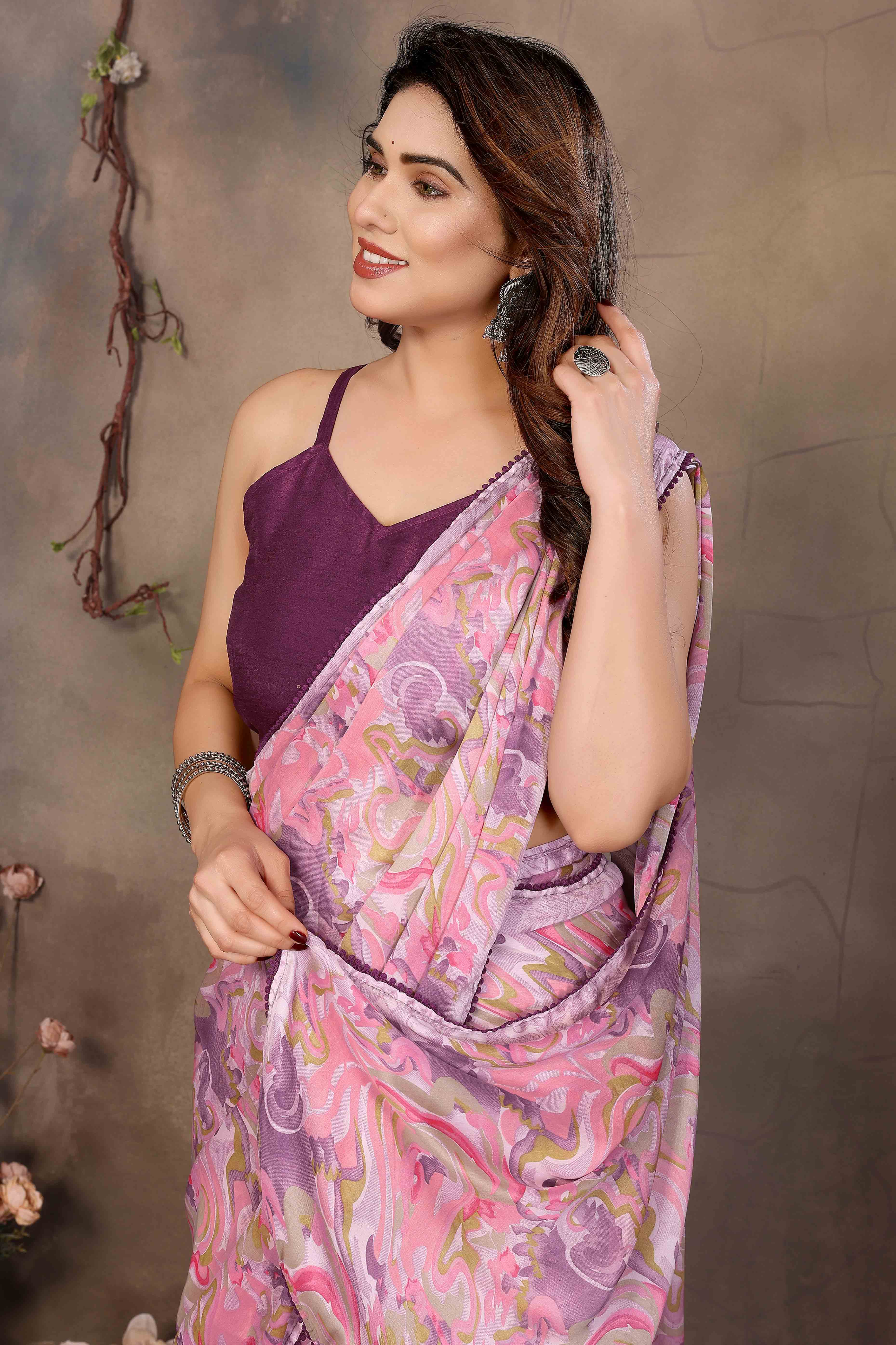 Pink Chiffon Ready To Wear Saree with Delicate Floral Embroidery for Elegant Occasions