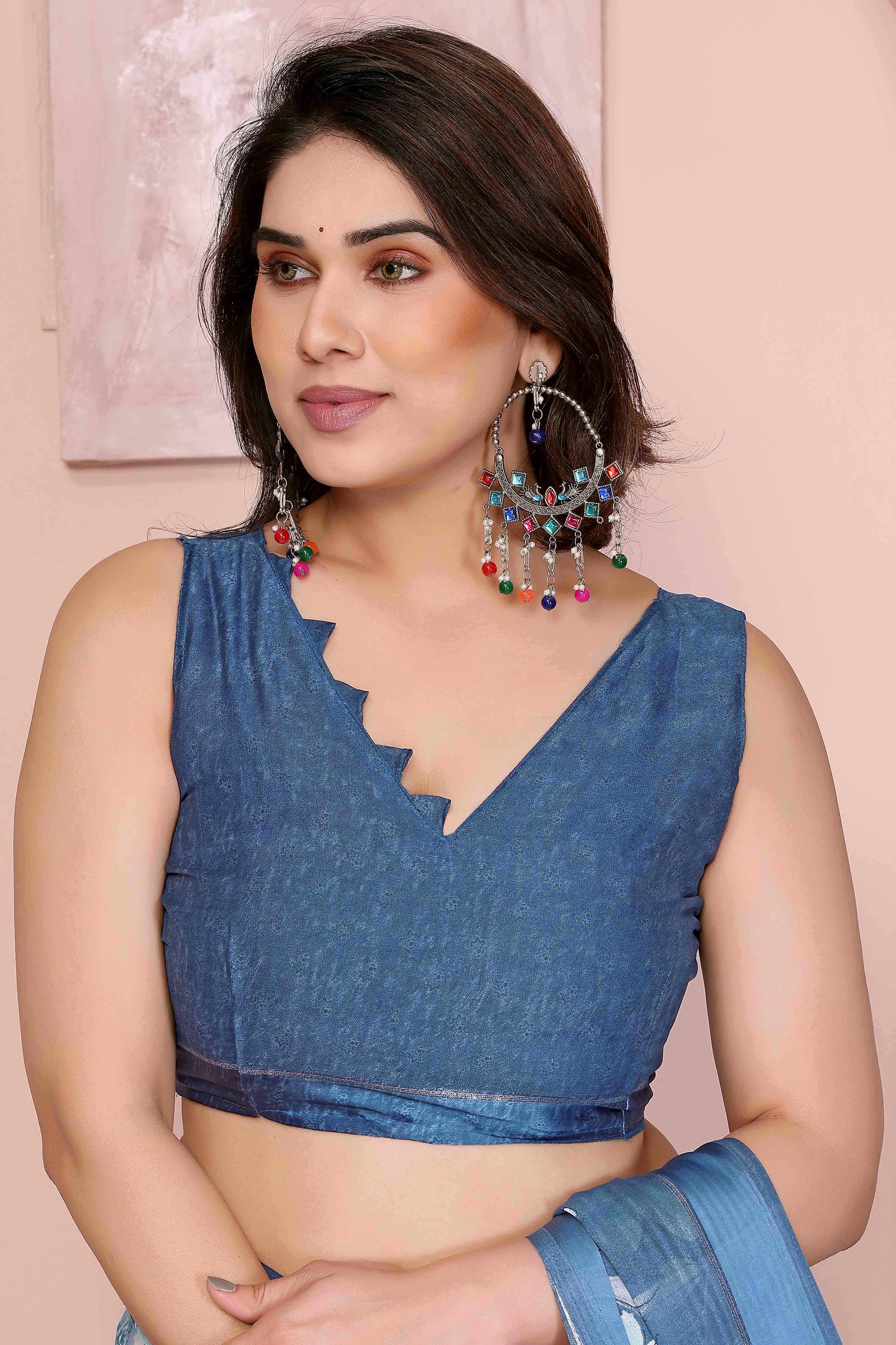 Blue Crepe Saree Accentuated With Satin Patta & Floral Print Detailing