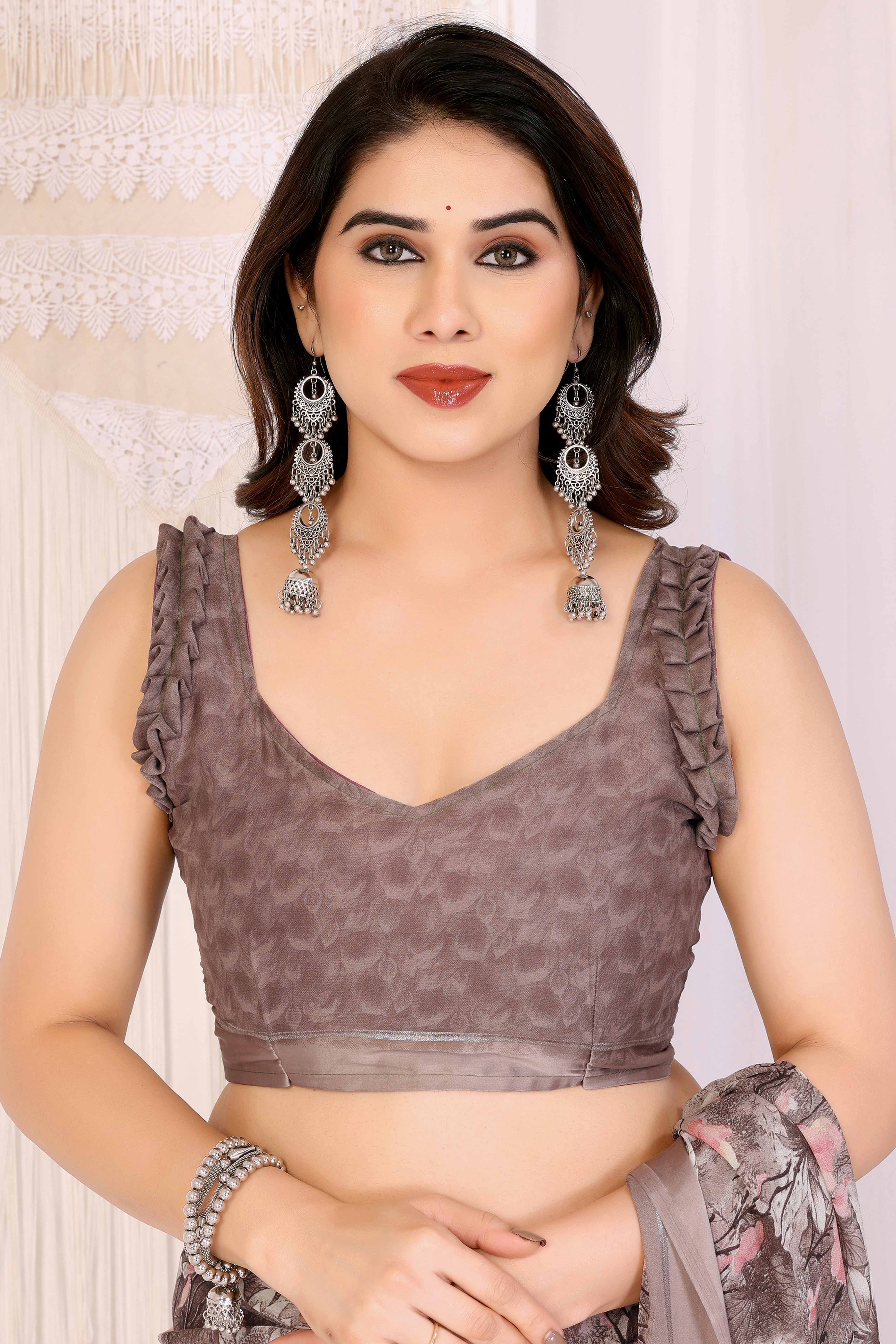 Brown Floral Printed Blue Crepe Saree Styled With A Smooth Satin Patta Border