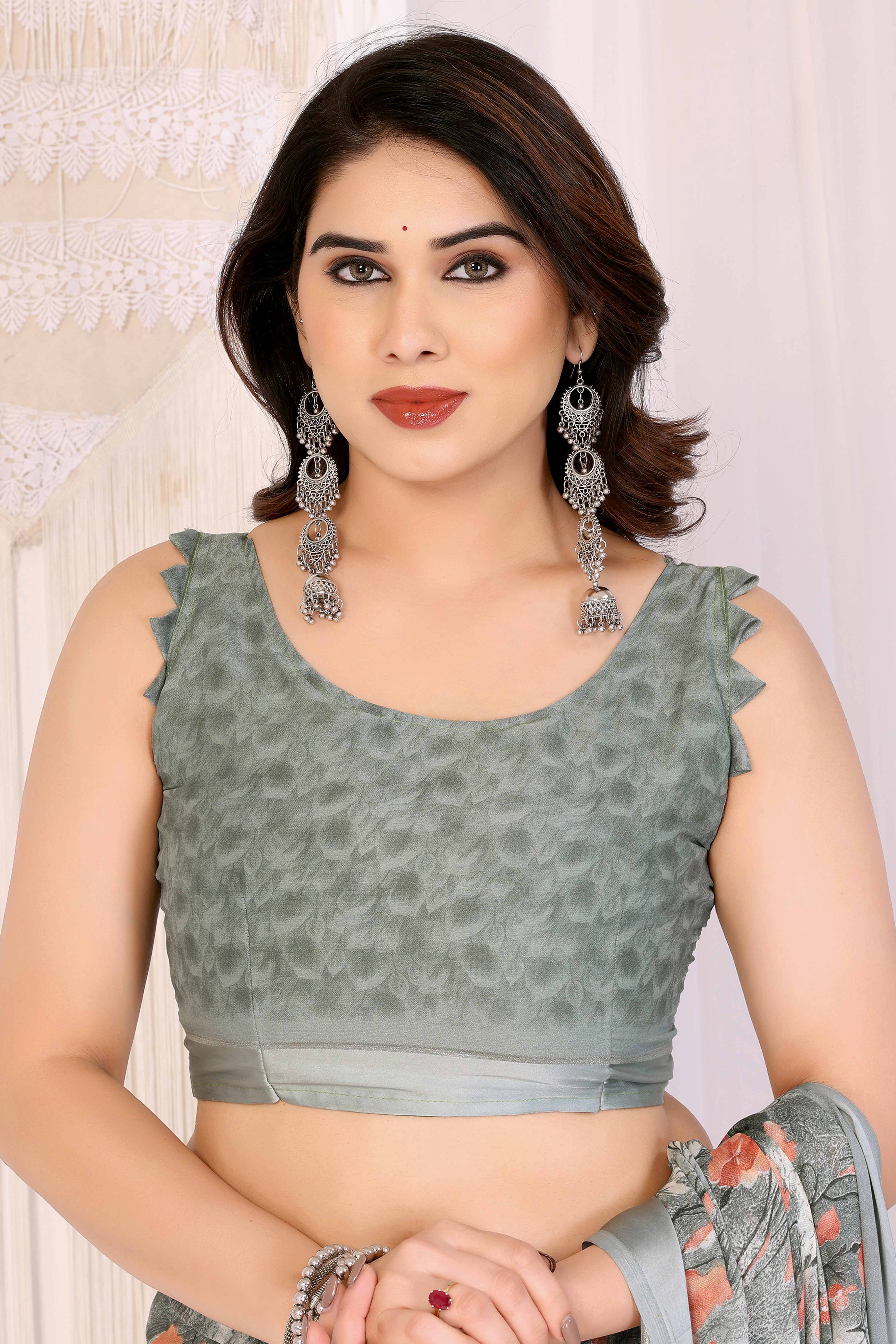 Light Green Floral Printed Blue Crepe Saree Styled With A Smooth Satin Patta Border