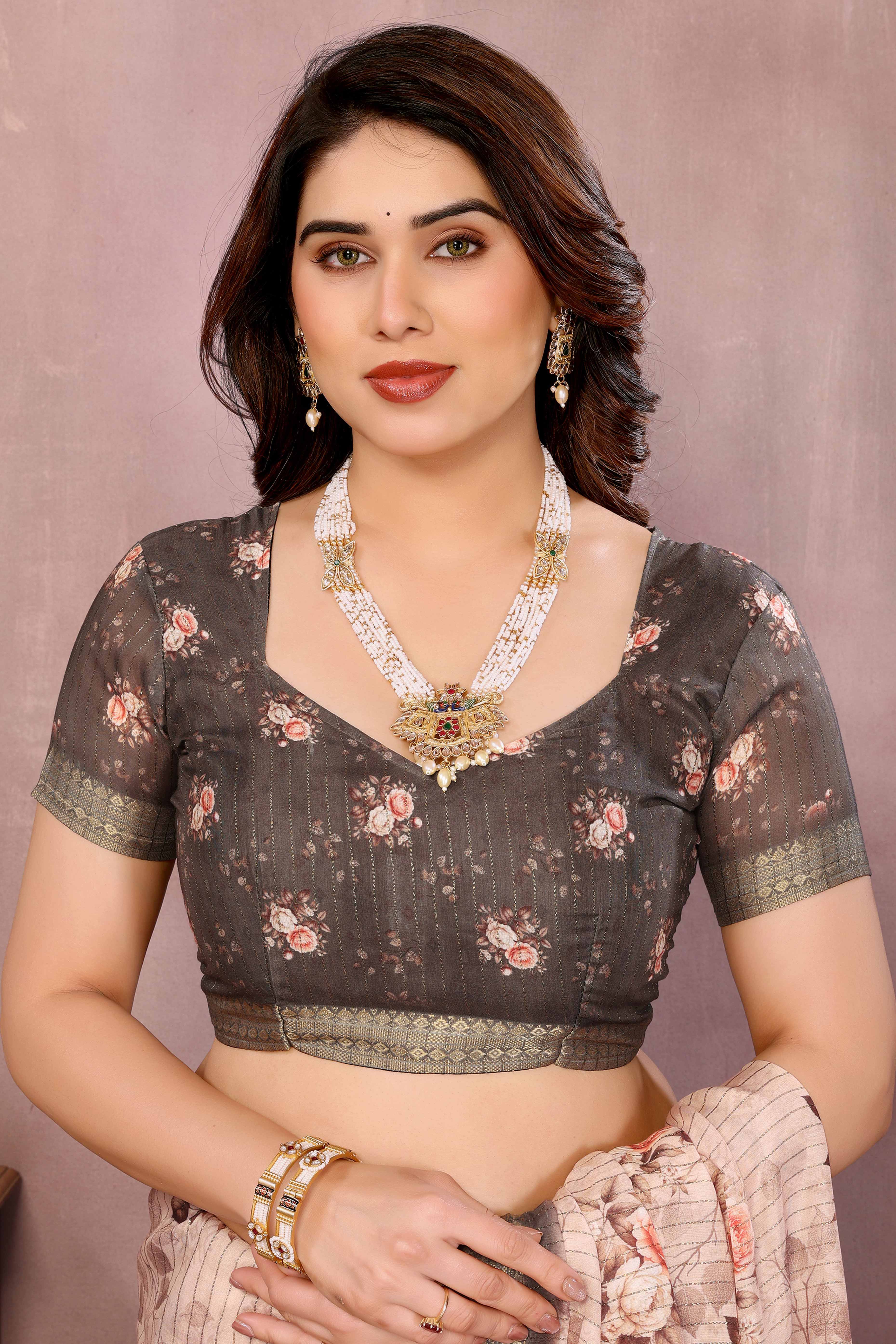 Beige Zari Woven Saree with Floral Motifs in Cotton Blend Fabric