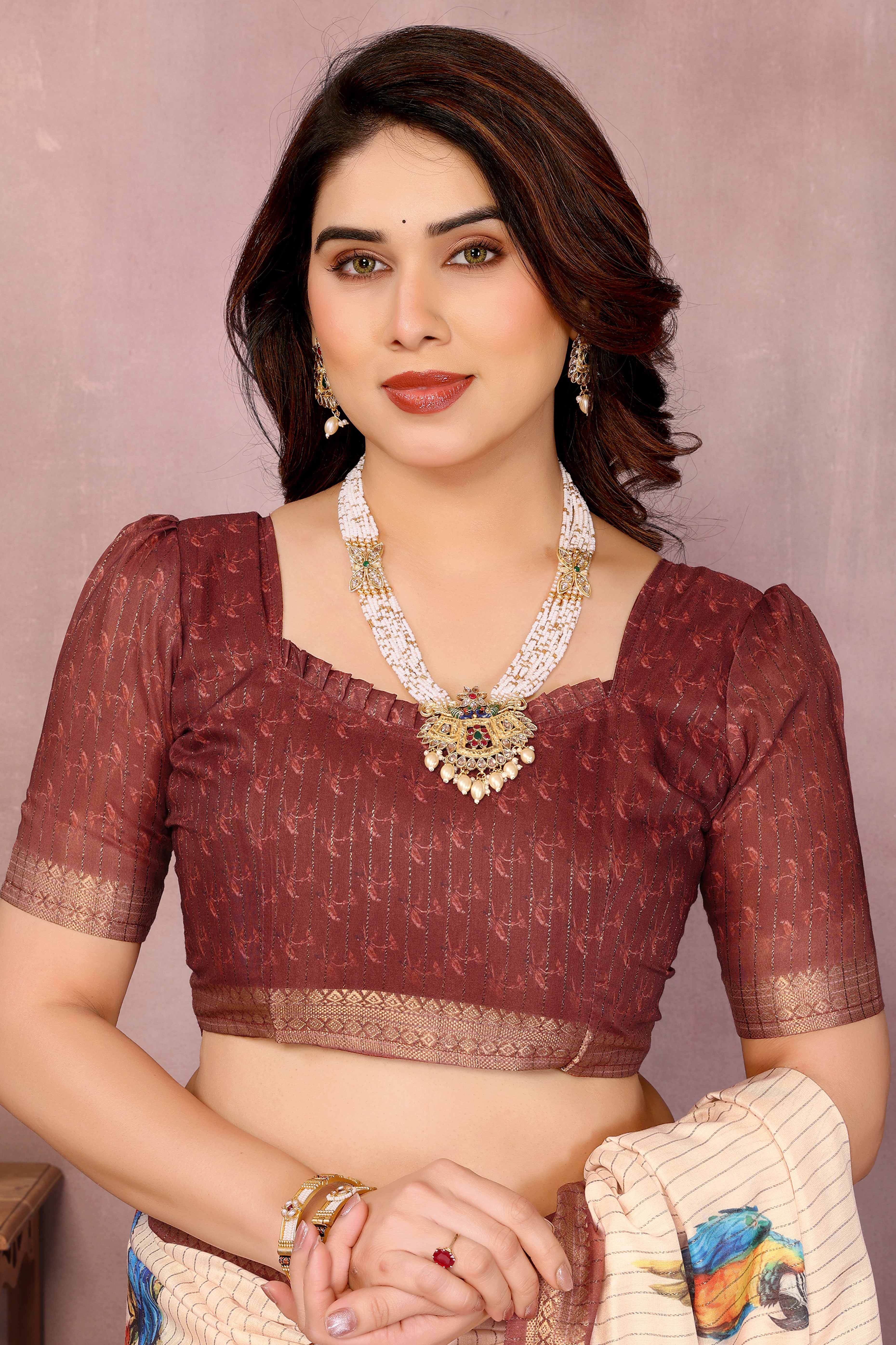 Cream Zari Woven Saree with Floral Motifs in Cotton Blend Fabric