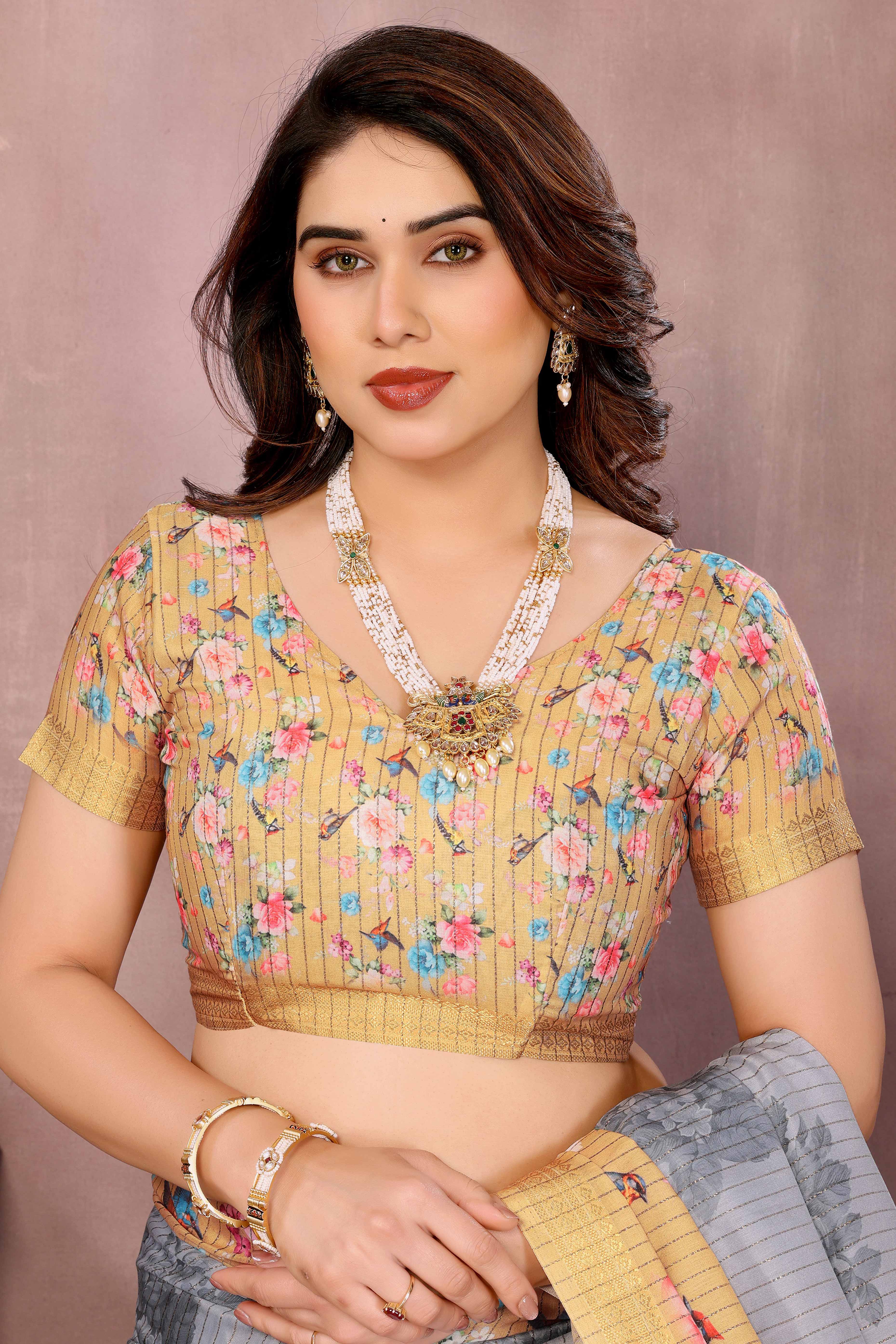 Grey Zari Woven Saree with Floral Motifs in Cotton Blend Fabric