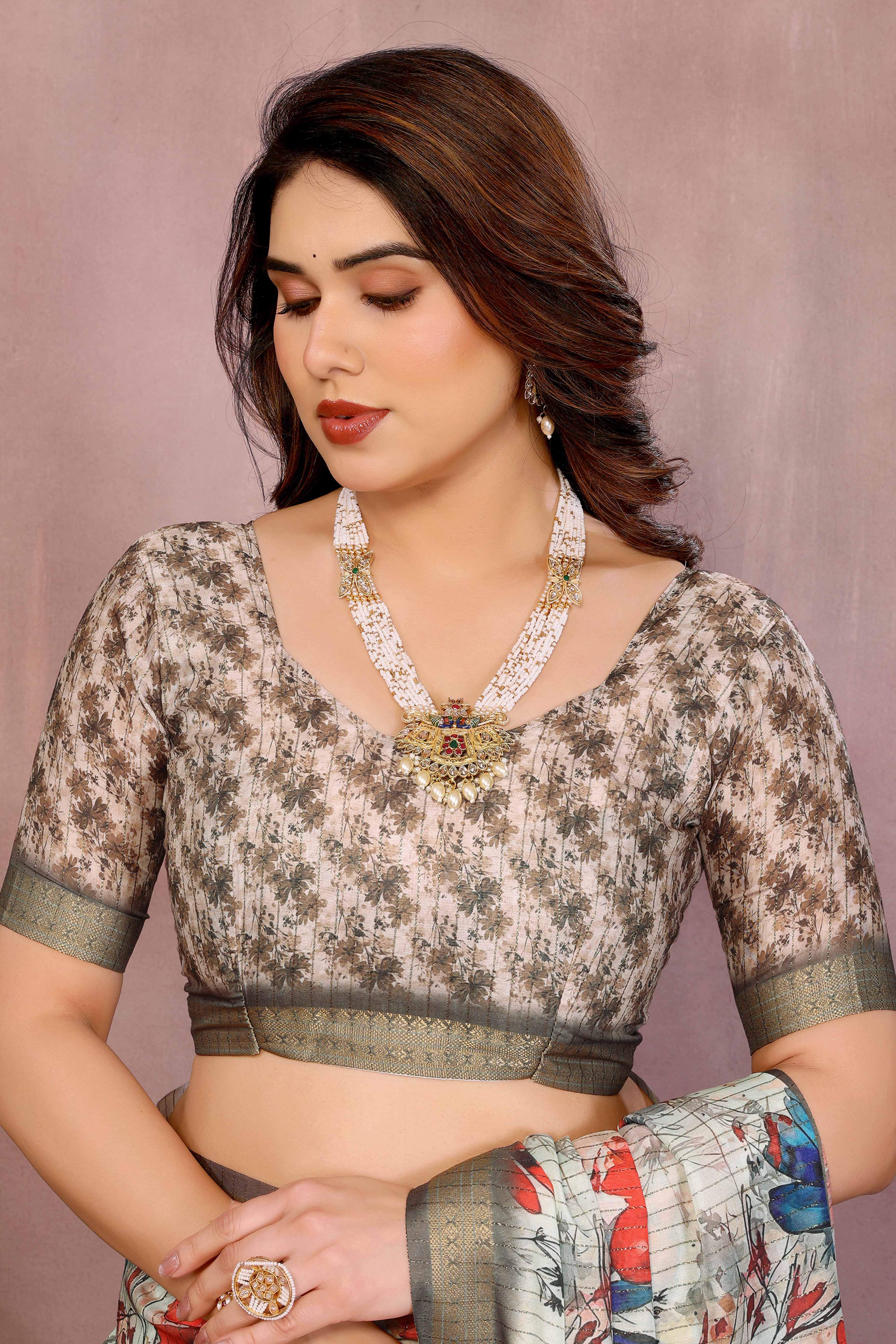 Off White Zari Woven Saree with Floral Motifs in Cotton Blend Fabric