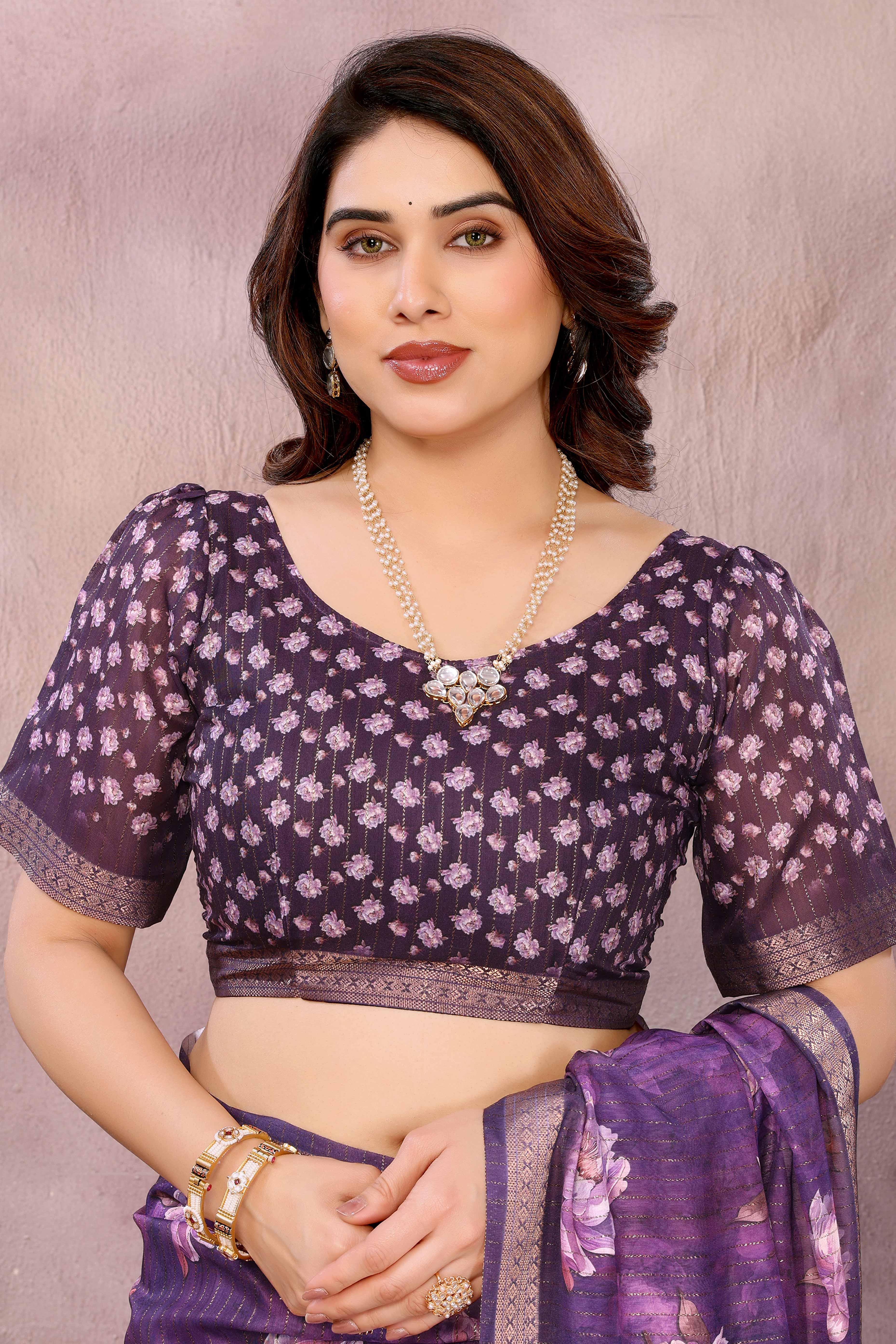 Purple Zari Woven Saree with Floral Motifs in Cotton Blend Fabric