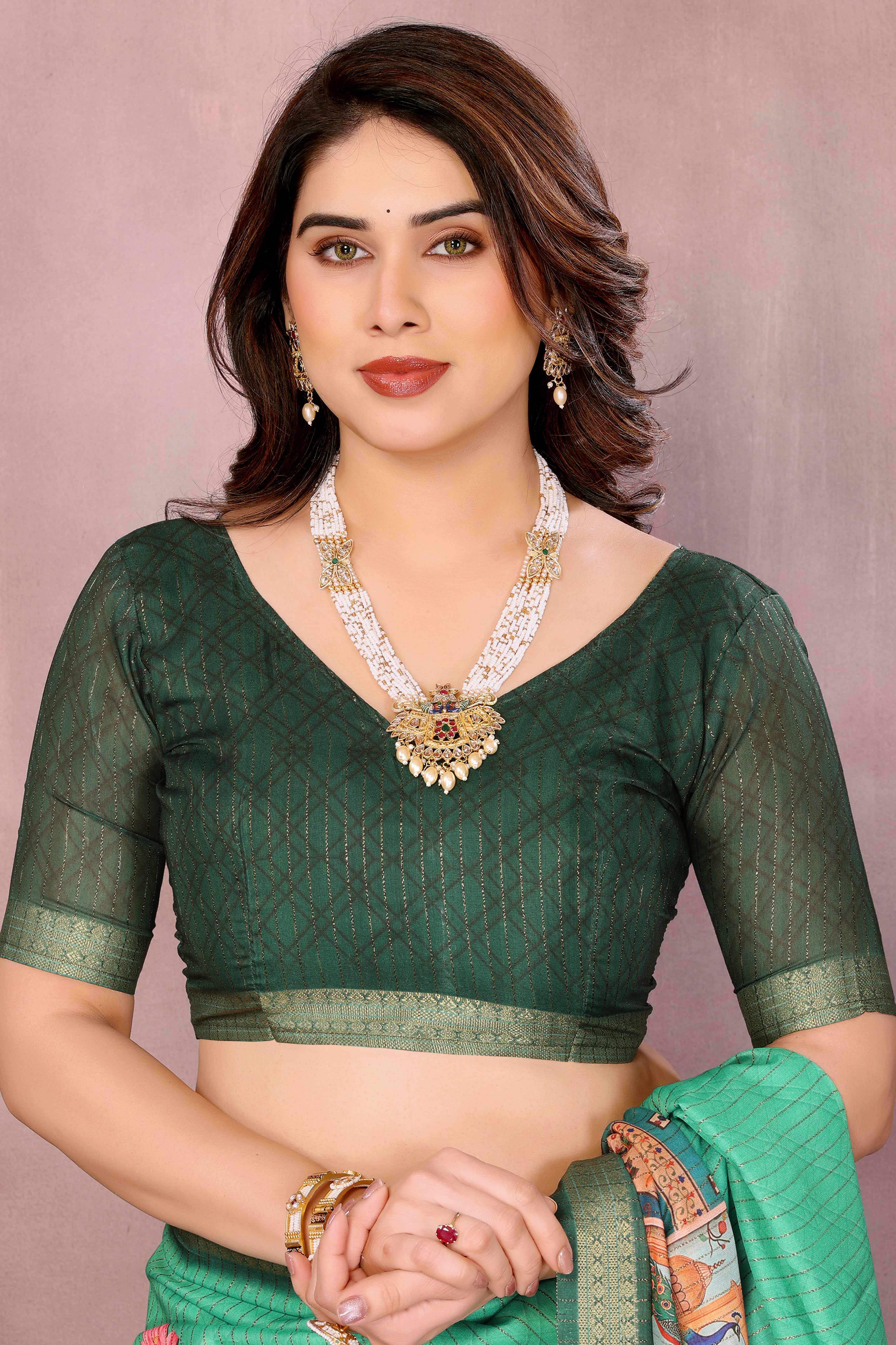 Rama Green Zari Woven Saree with Floral Motifs in Cotton Blend Fabric