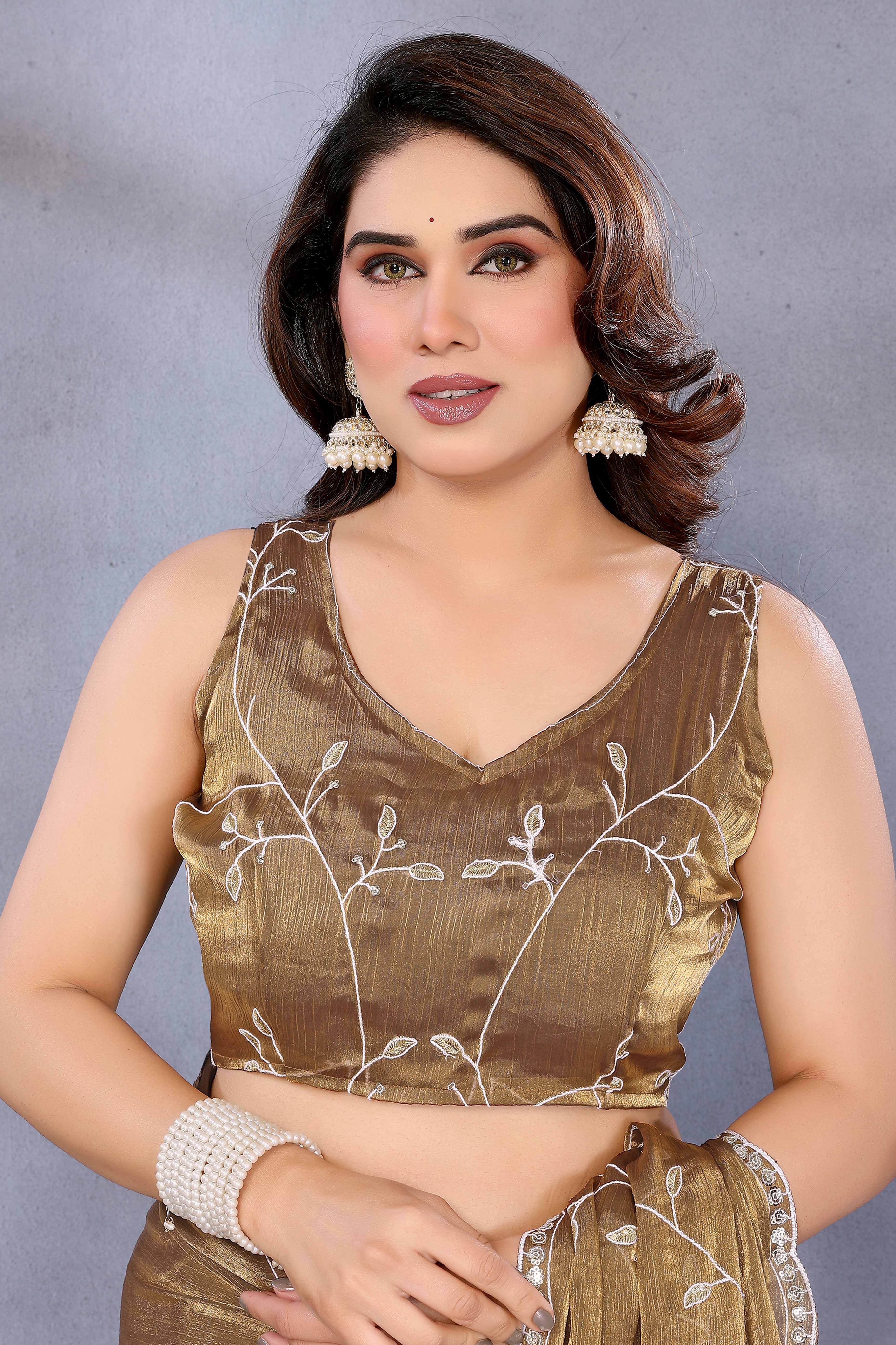 Golden Brown Jimmy Choo Chiffon Saree Adorned with Delicate Floral Sequins Embroidery