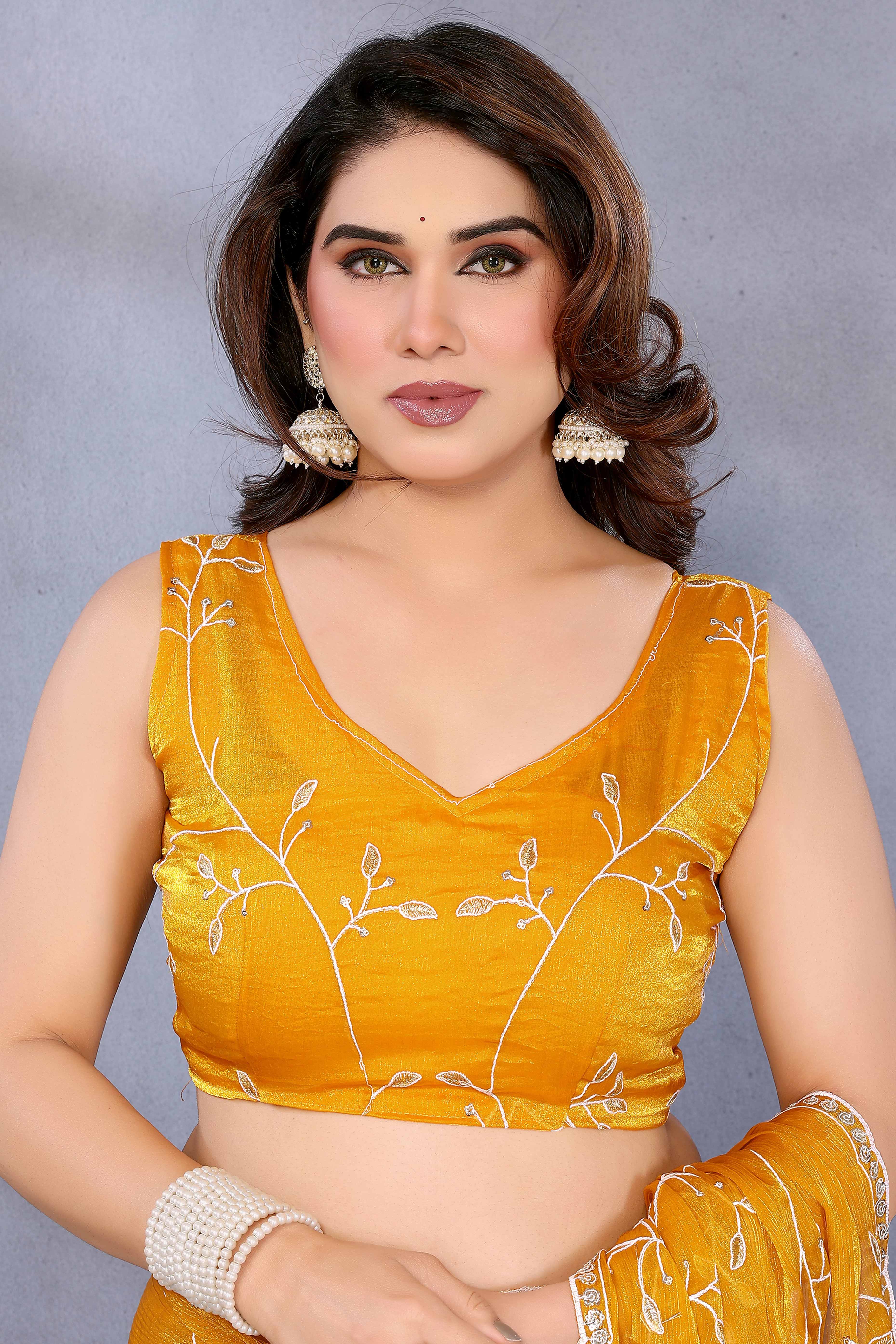 Mustard Jimmy Choo Chiffon Saree Adorned with Delicate Floral Sequins Embroidery