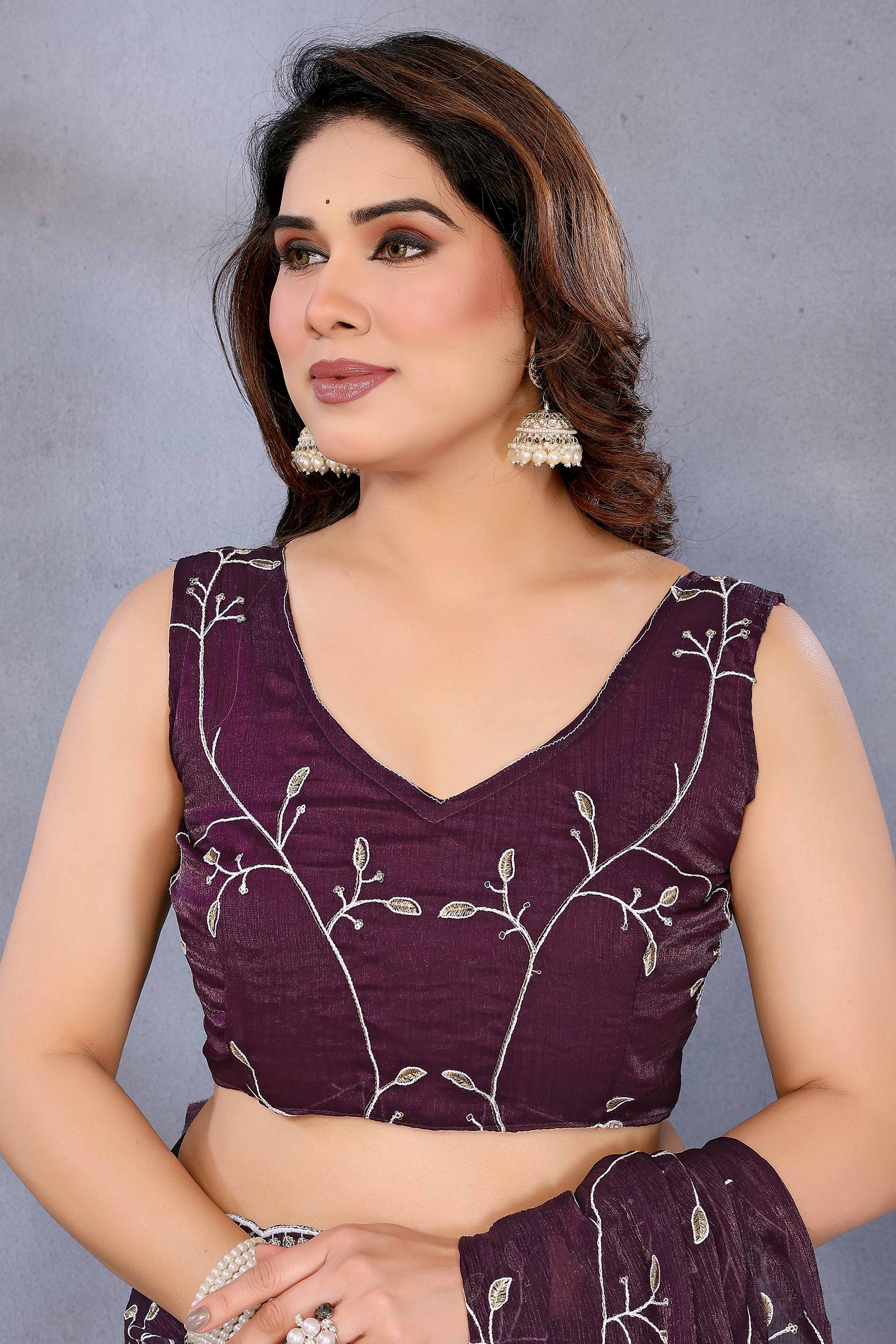 Wine Jimmy Choo Chiffon Saree Adorned with Delicate Floral Sequins Embroidery