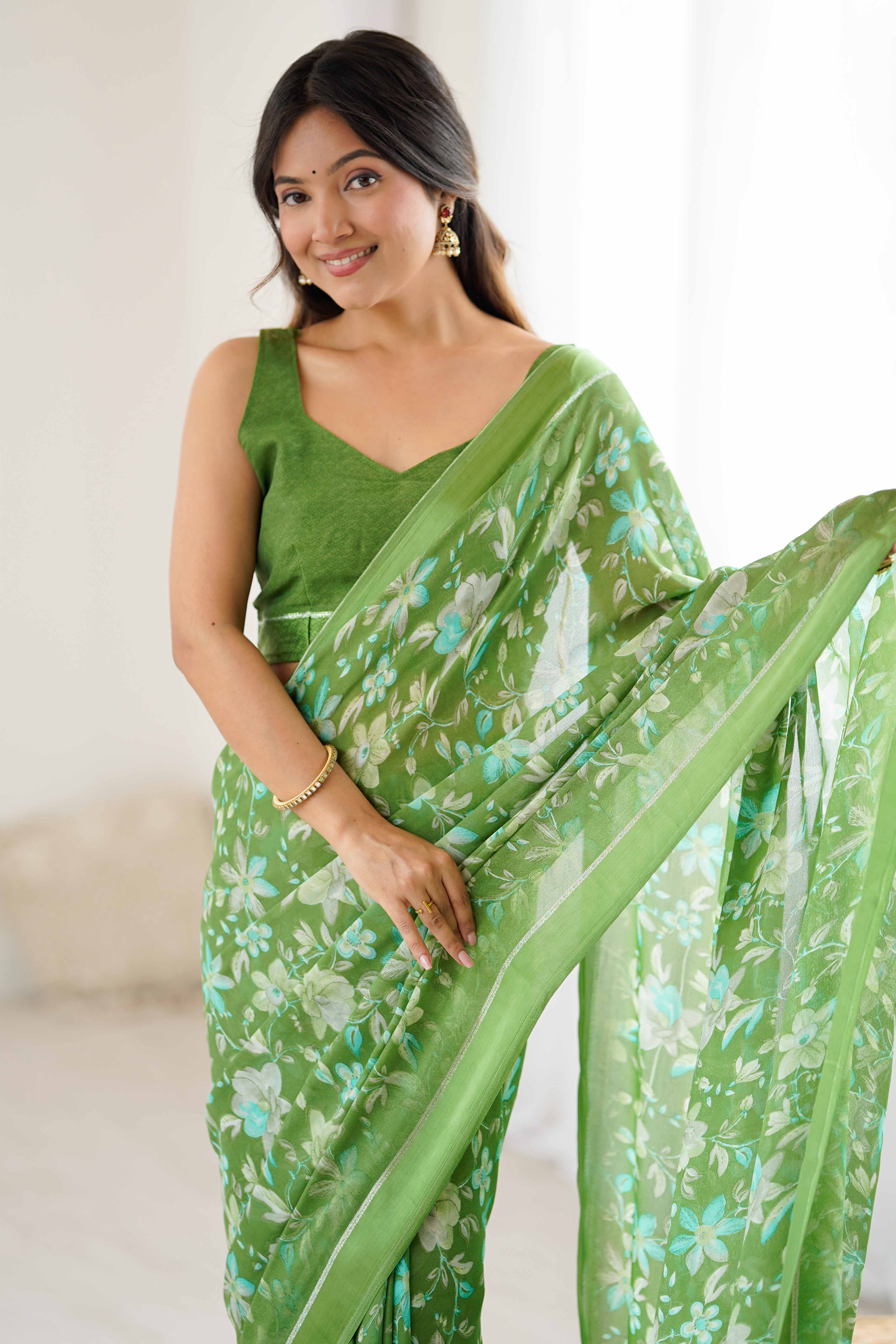 Green Moss Silk Blend Saree With Artistic Floral Digital Print & Stylish Tassel Pallu