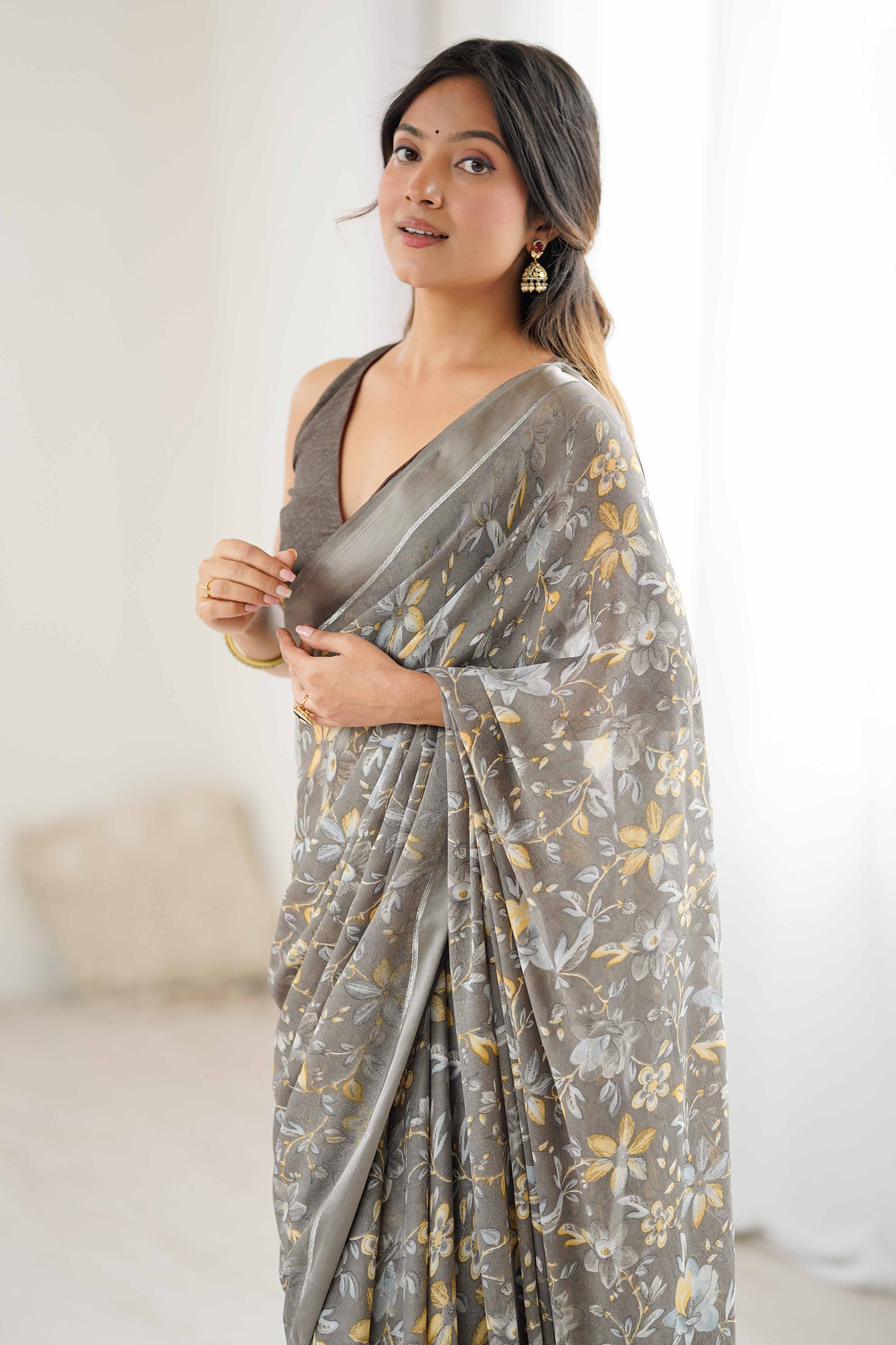 Grey Moss Silk Blend Saree With Artistic Floral Digital Print & Stylish Tassel Pallu