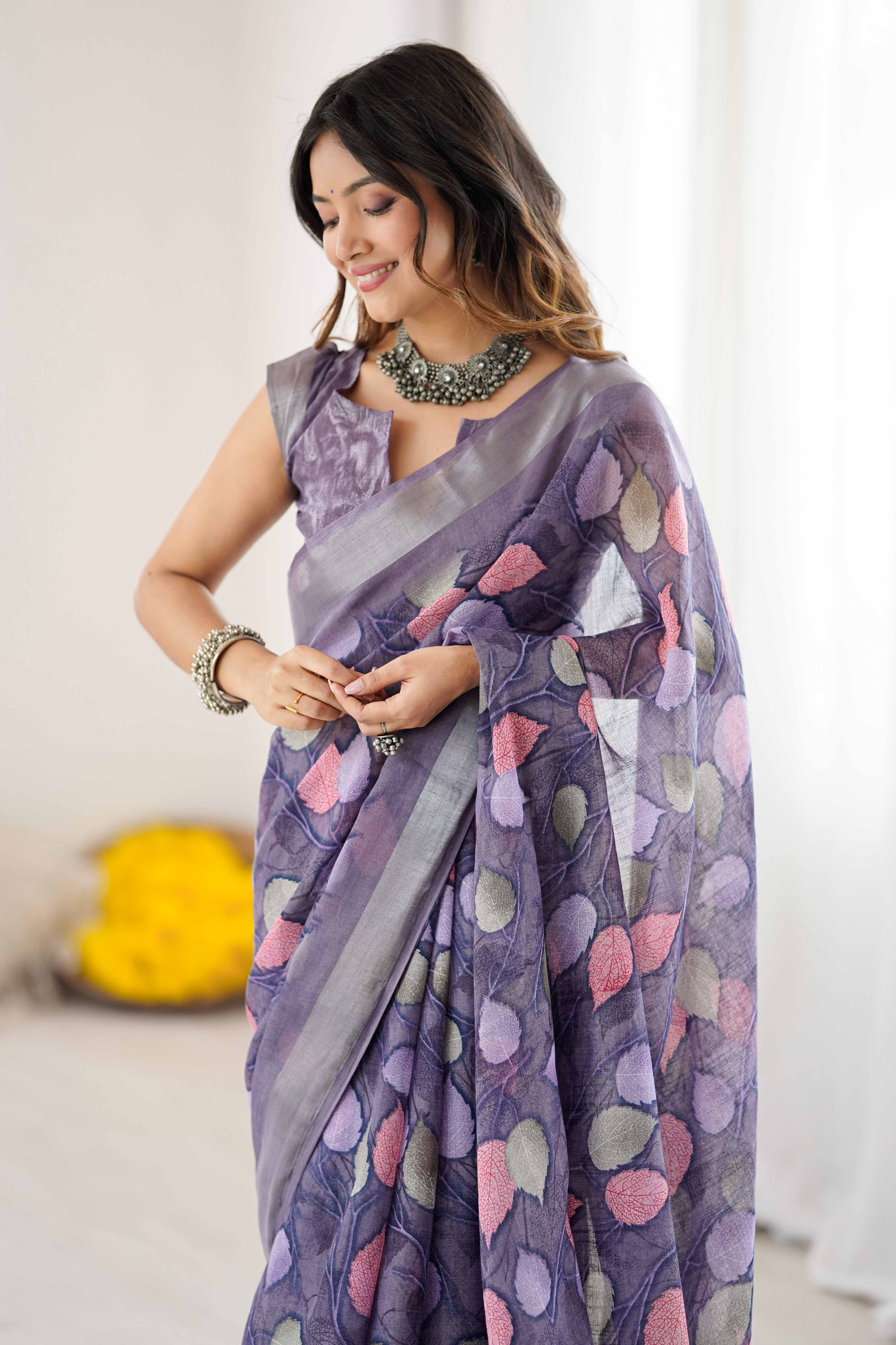 Lavender Linen Saree With Graceful All Over Leaf Pattern