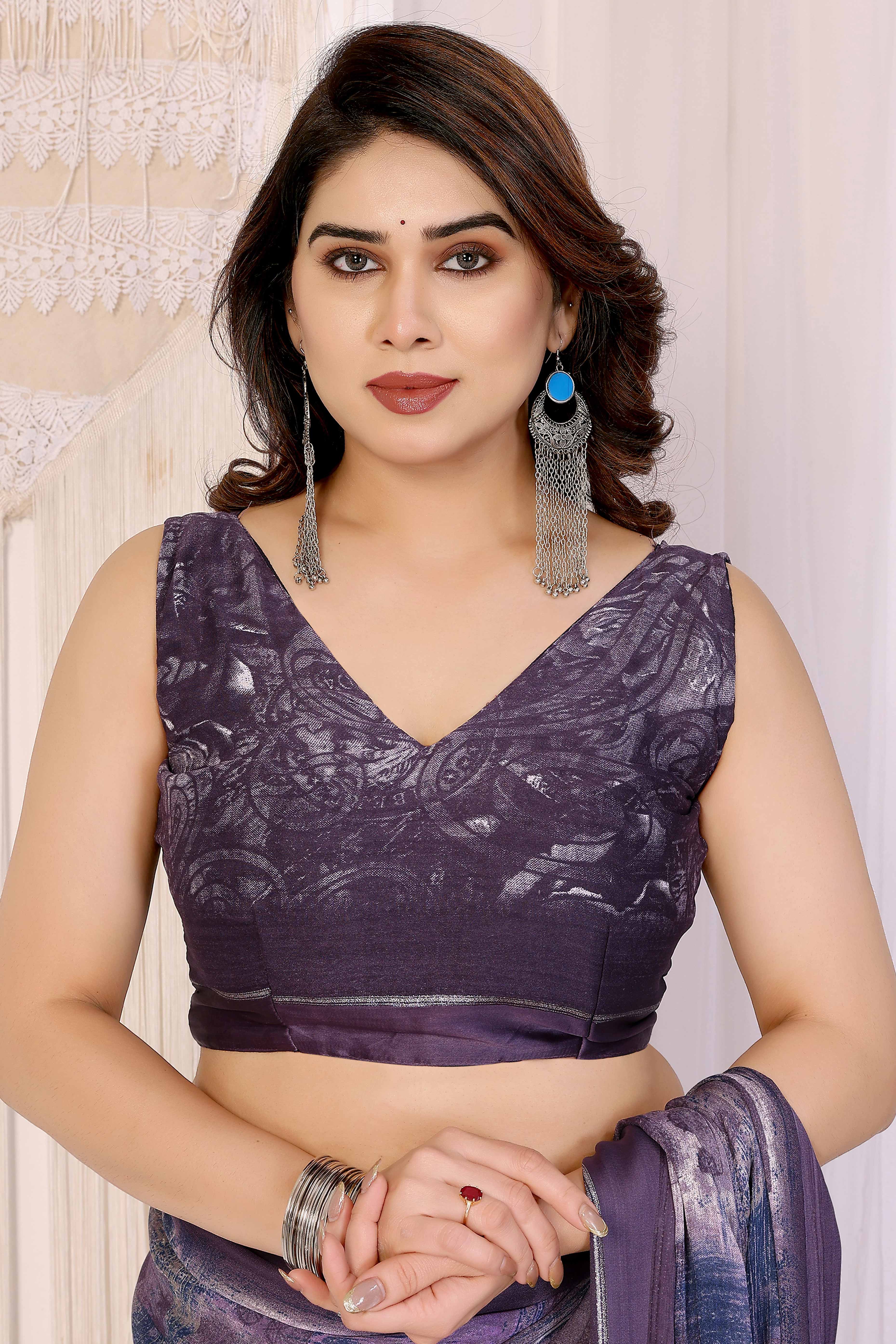 Trendy Purple Moss Crepe Saree with Floral Motifs and Satin Border