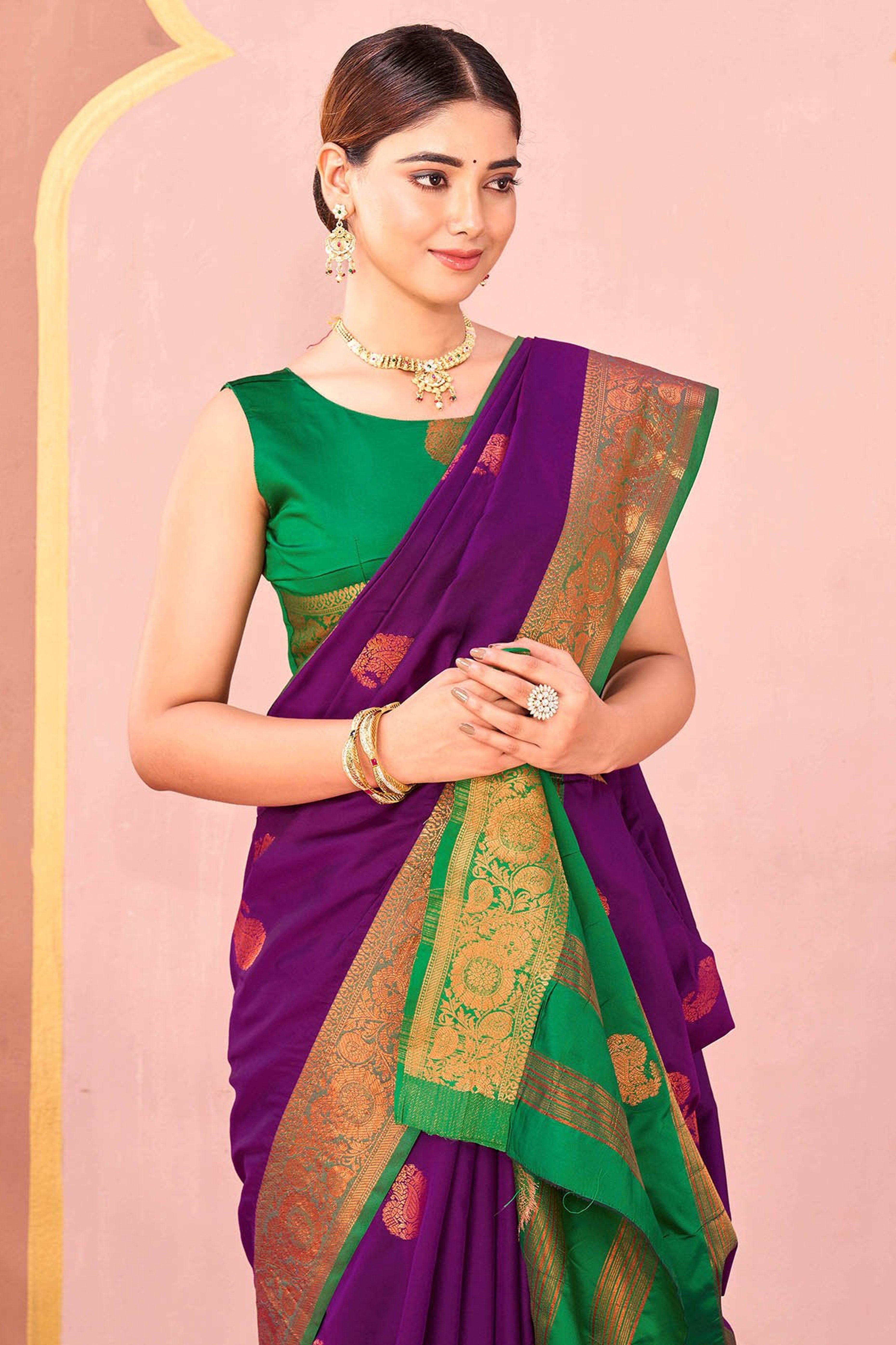 Purple Silk Blend Saree Adorned With Zari Woven Floral & Paisley Design