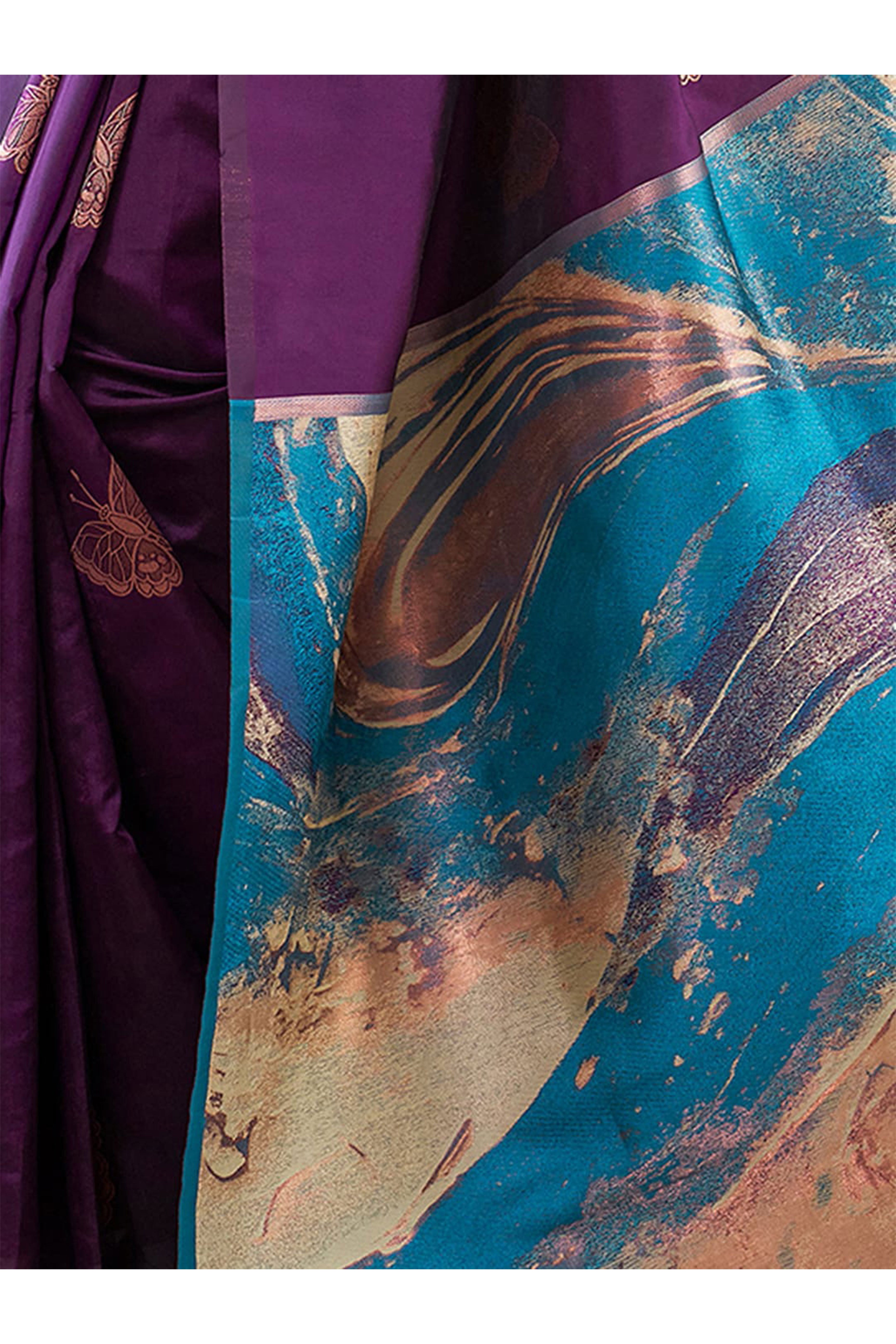 Charming Wine Banarasi Silk Saree Highlighted With Butterfly Motif Zari Work