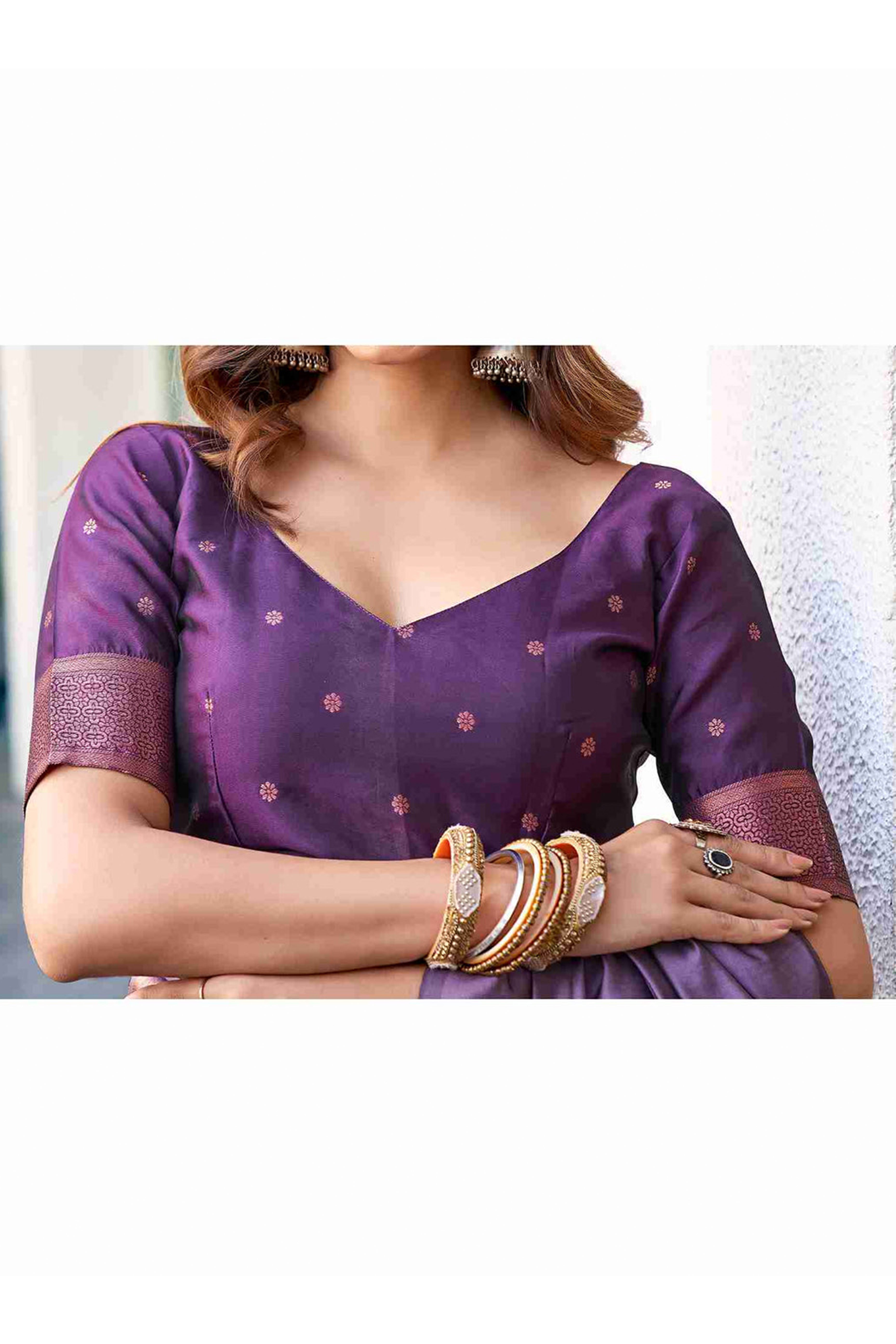 Charming Purple Banarasi Silk Saree Highlighted With Floral Motif Zari Work