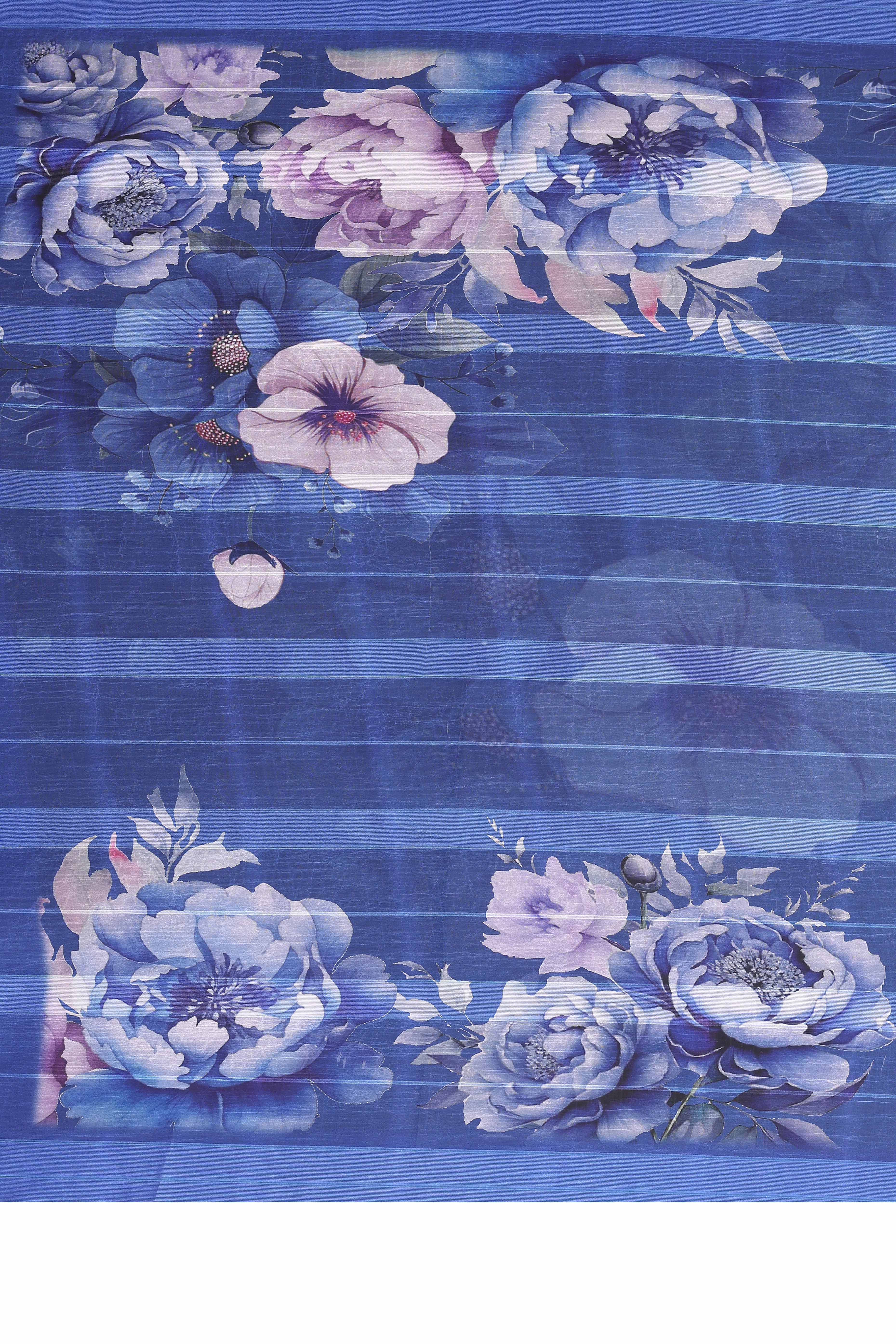 Graceful Blue Floral Digital Print Georgette Saree Featuring Zari Work & Vibrant Striped