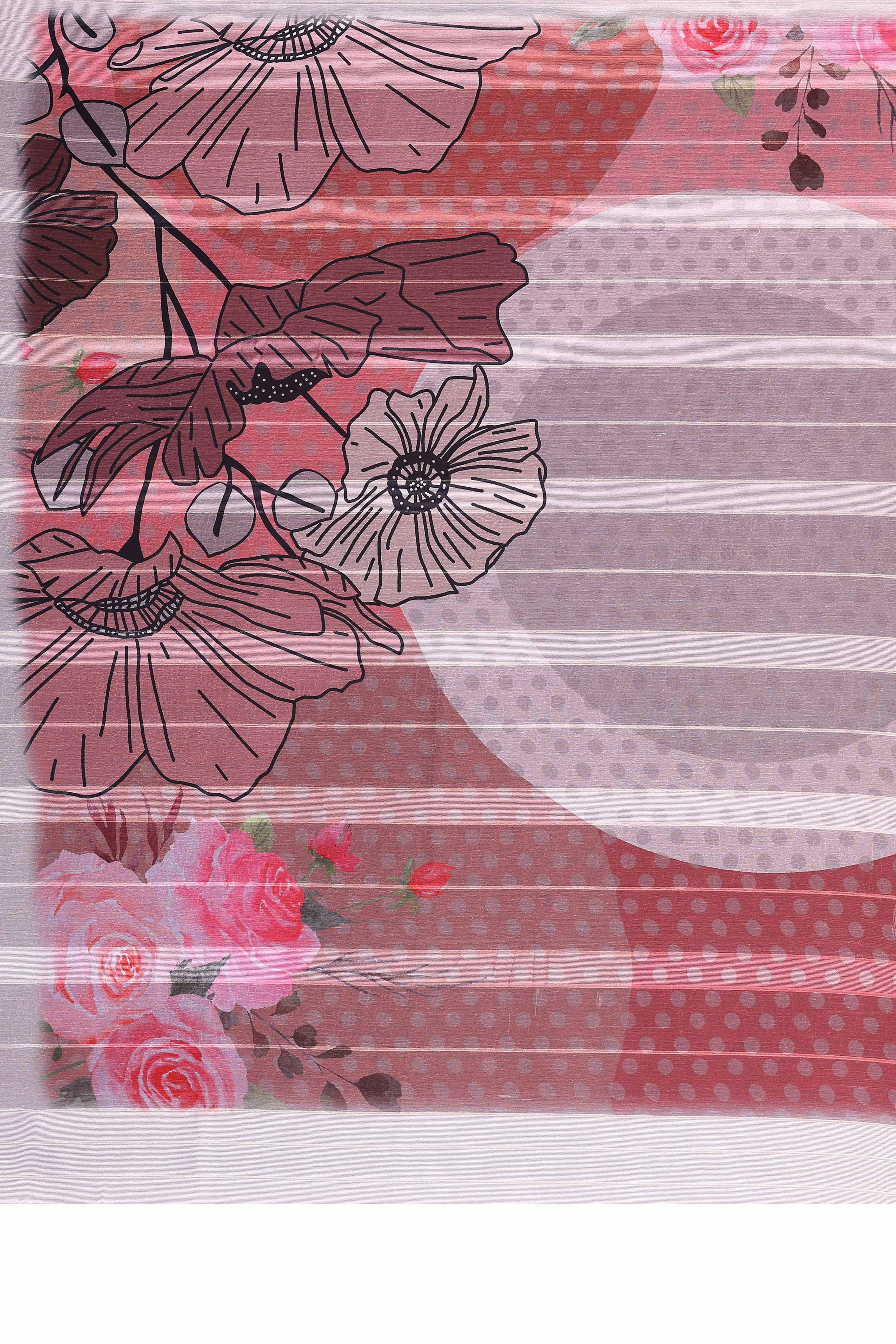 Graceful Dusty Peach Floral Digital Print Georgette Saree Featuring Zari Work & Vibrant Striped