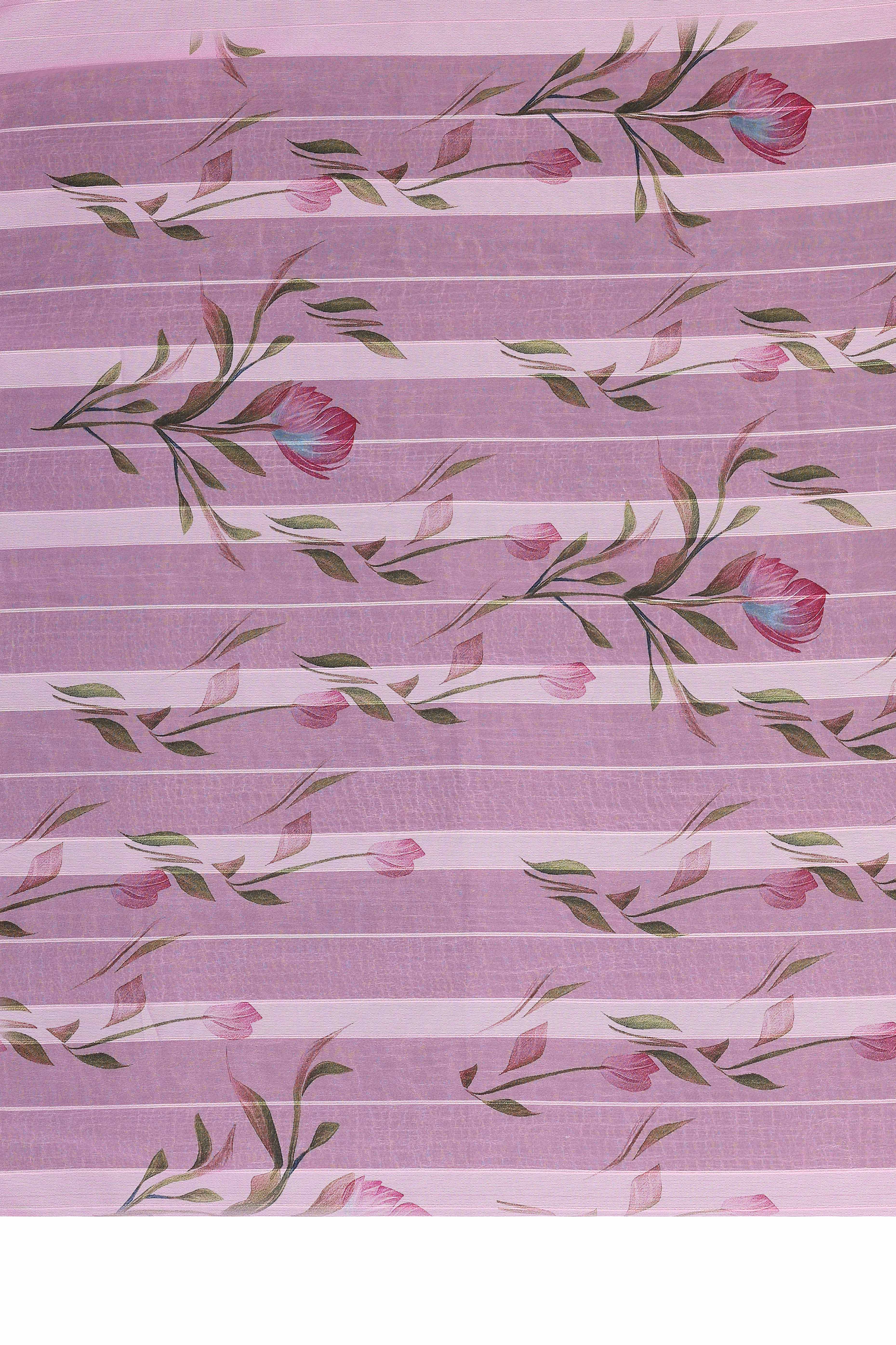 Graceful Light Purple Floral Digital Print Georgette Saree Featuring Zari Work & Vibrant Striped