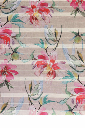 Sophisticated Beige Floral Digital Print Georgettte Saree With Zari Touch & Striped Design