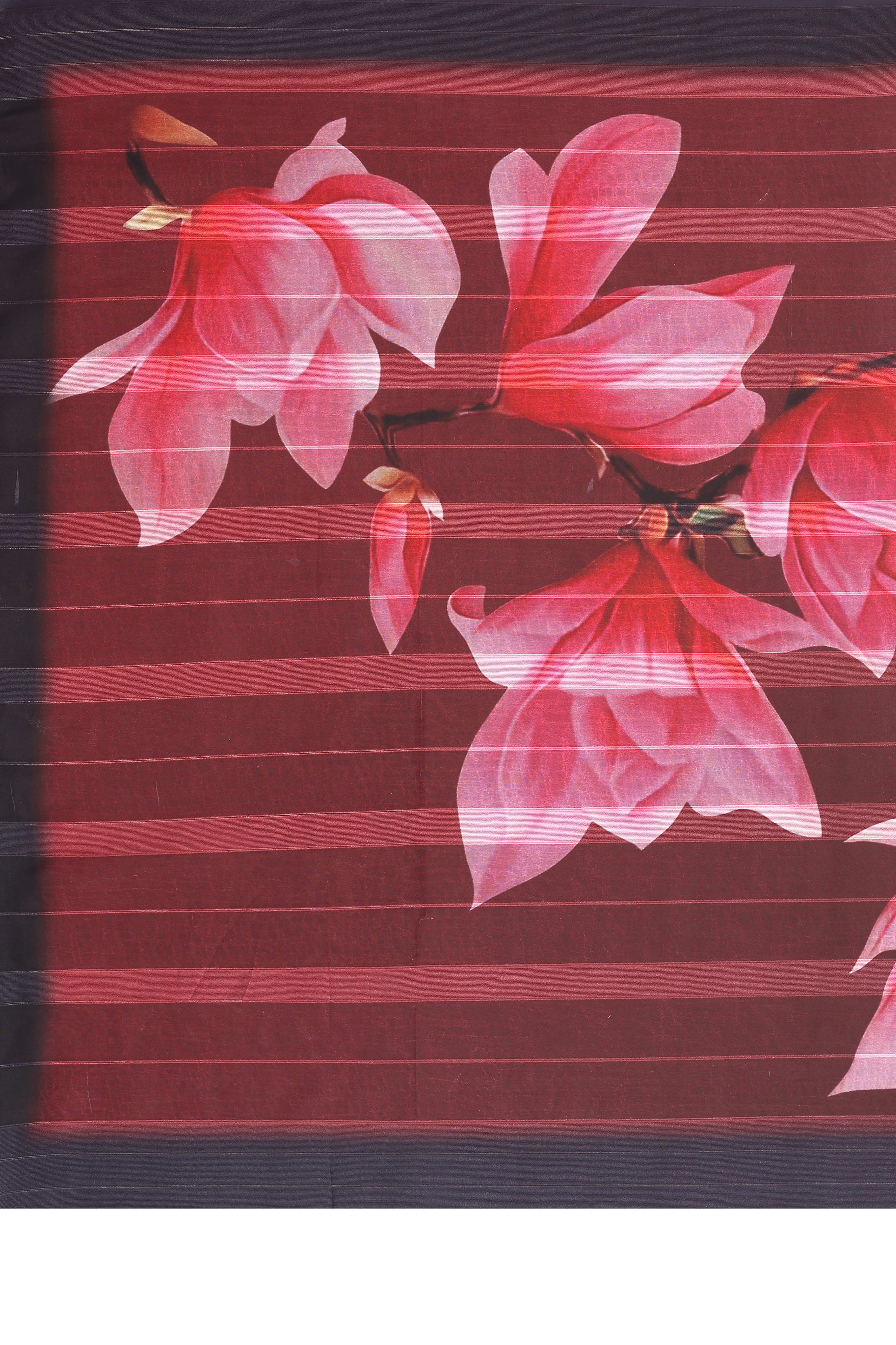 Classic Blak & Maroon Floral Digital Print Georgette Saree With Refined Zari & Stylish Striped