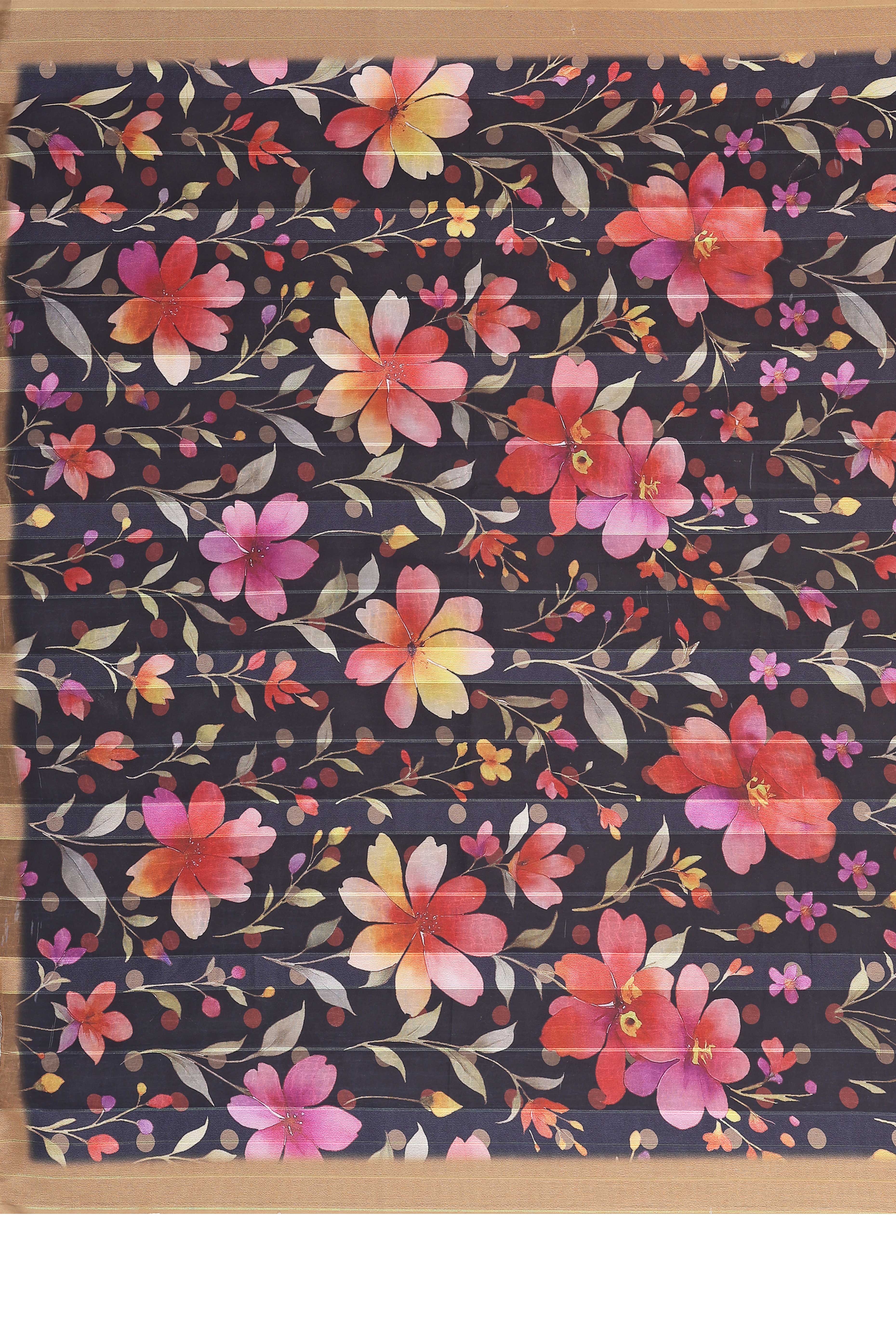 Classic Black Floral Digital Print Georgette Saree With Refined Zari & Stylish Striped