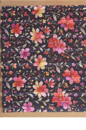 Classic Black Floral Digital Print Georgette Saree With Refined Zari & Stylish Striped