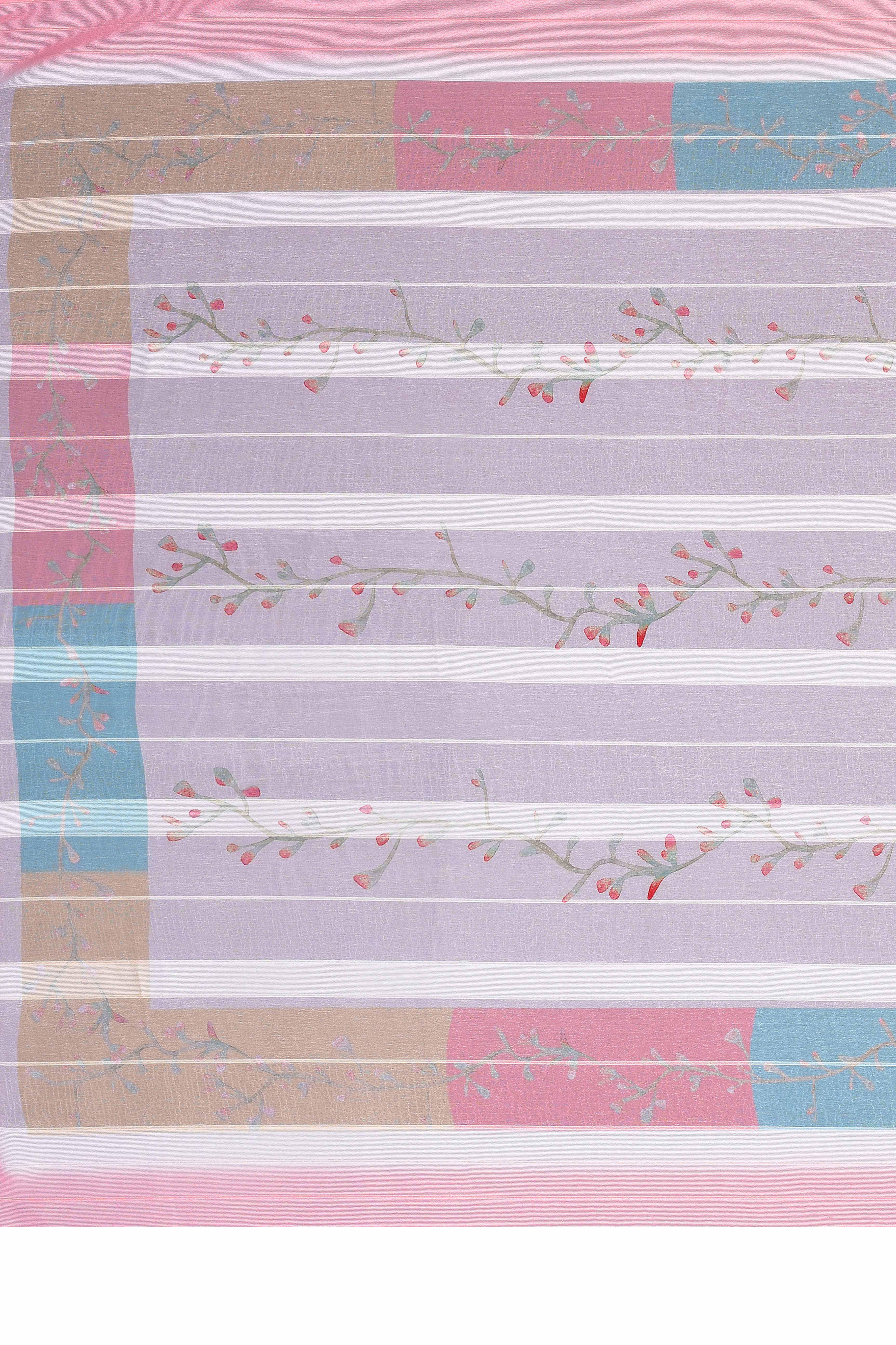 Classic White Floral Digital Print Georgette Saree With Refined Zari & Stylish Striped