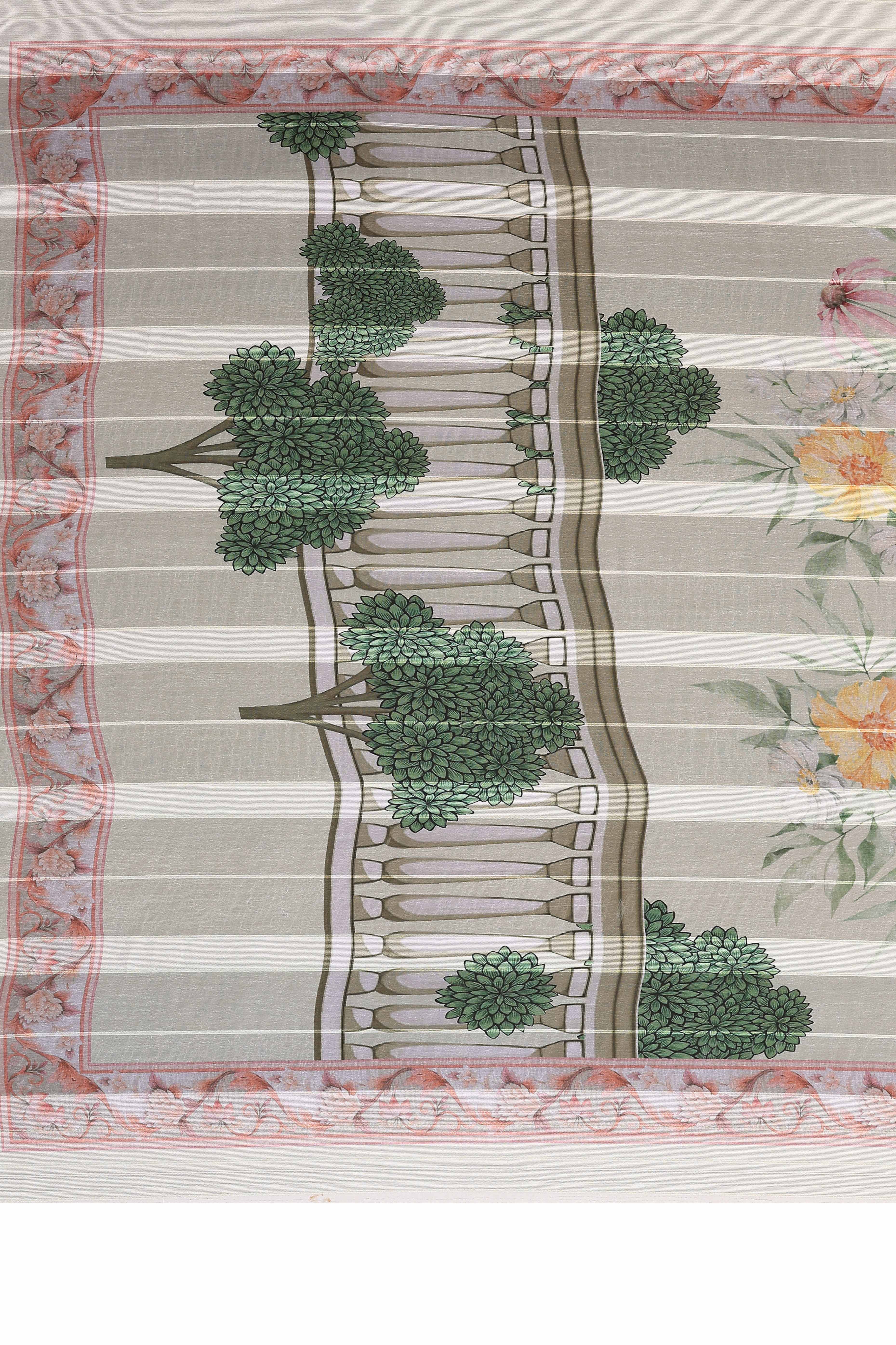Premium Offwhite Floral Digital Printed Georgette Saree Featuring Delicate Zari & Bright Striped
